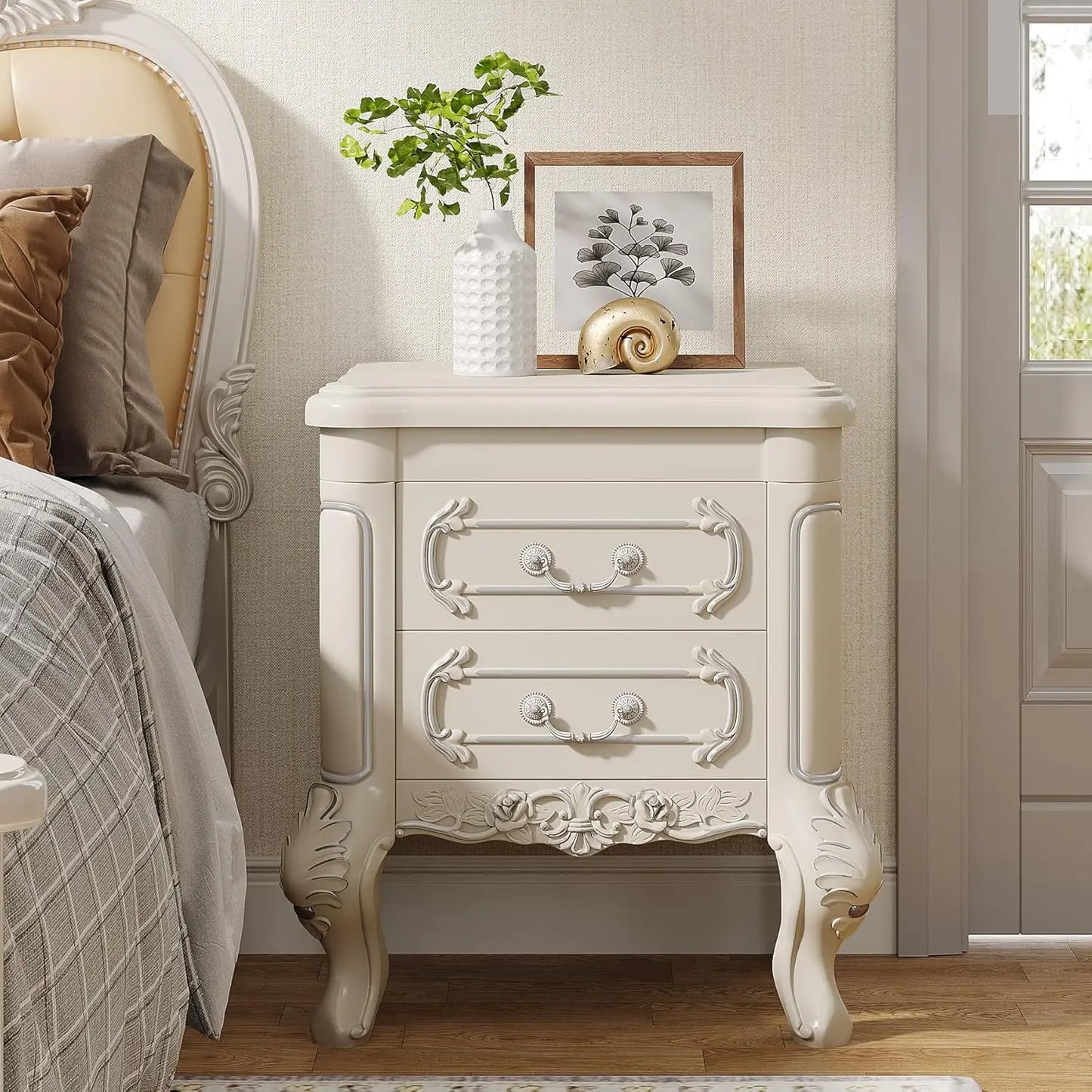 White Carved Nightstand