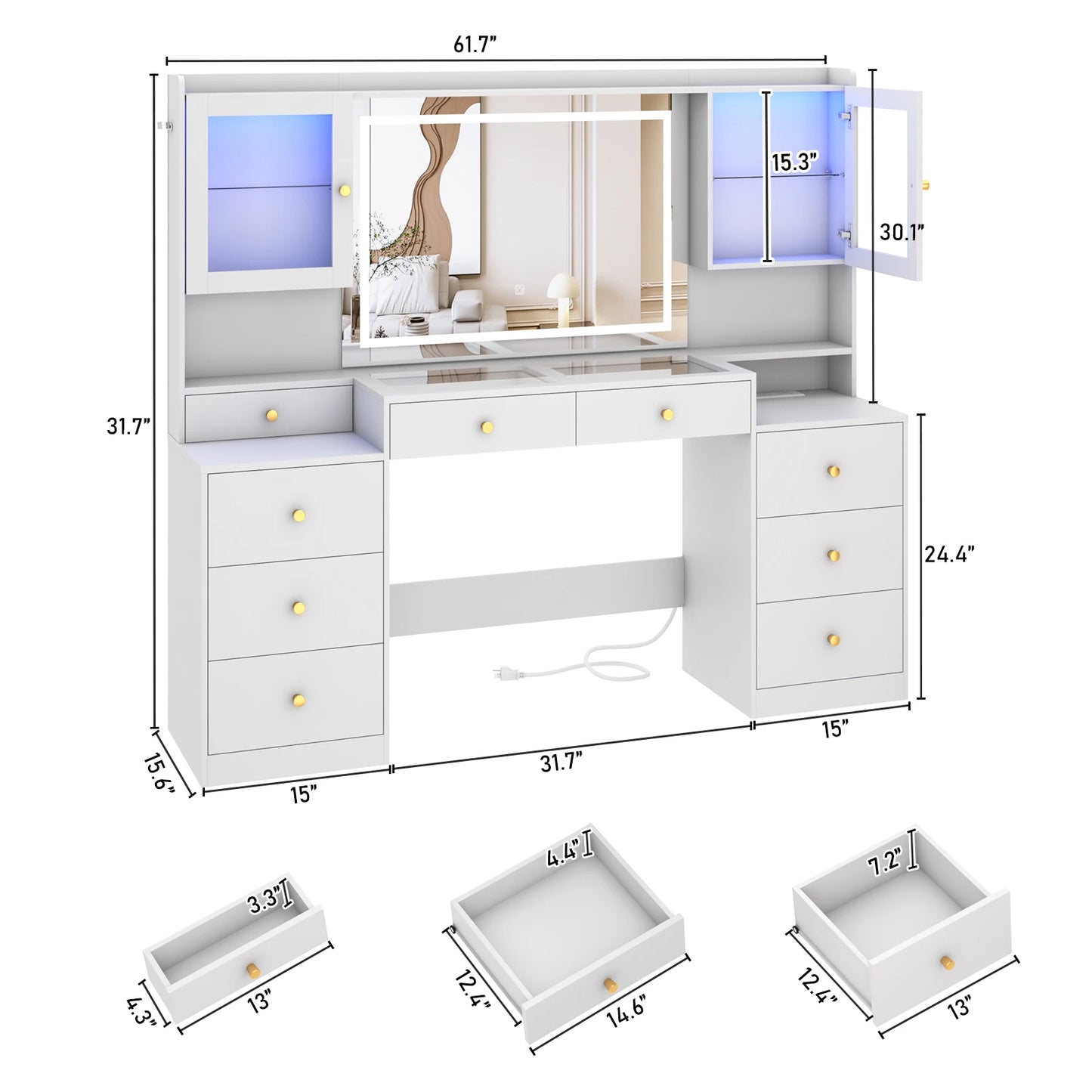 Large 61.7" Dressing Table with Mirror and Lights