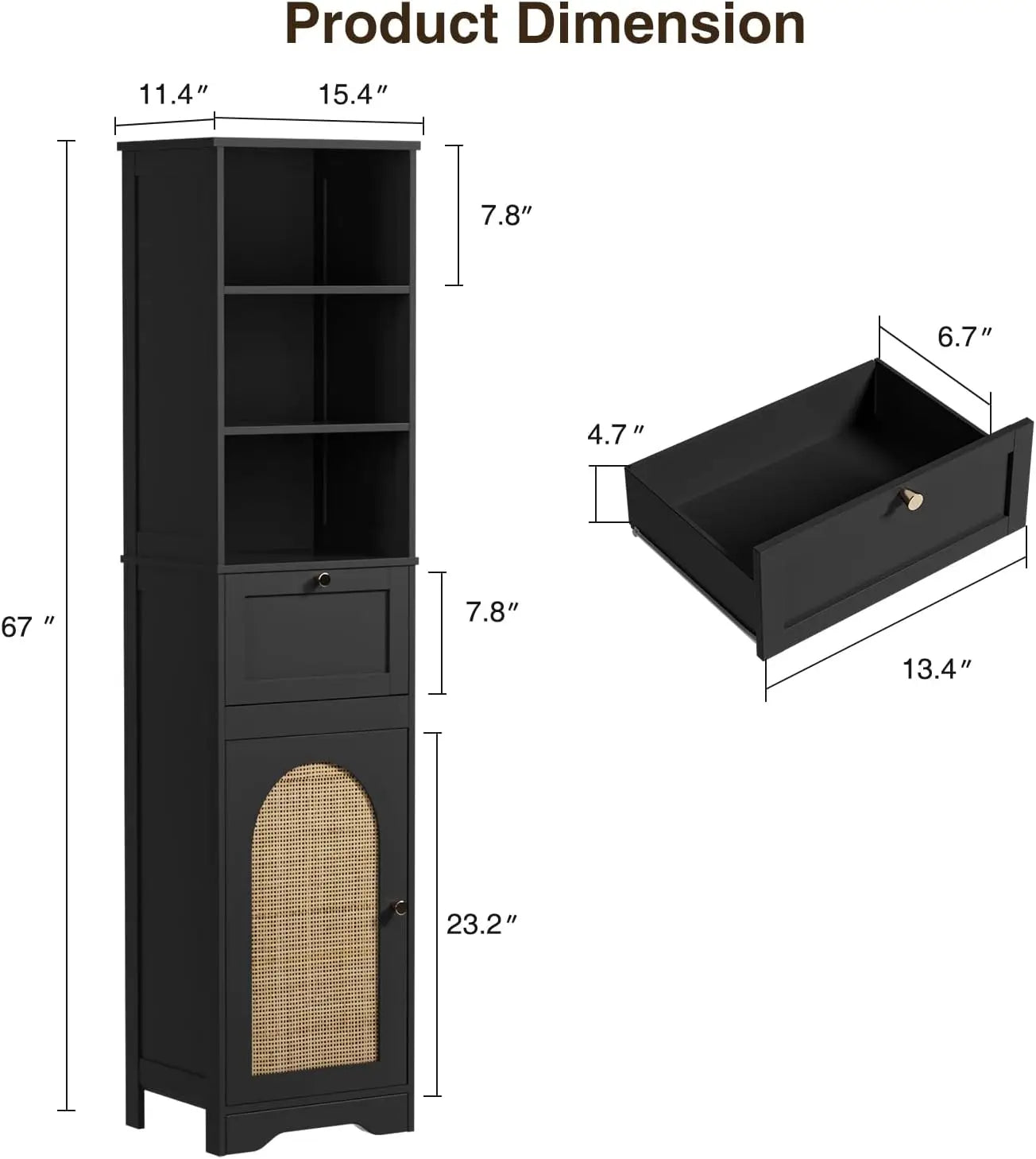 Wood Bathroom Storage Cabinet with Rattan Door & Drawer