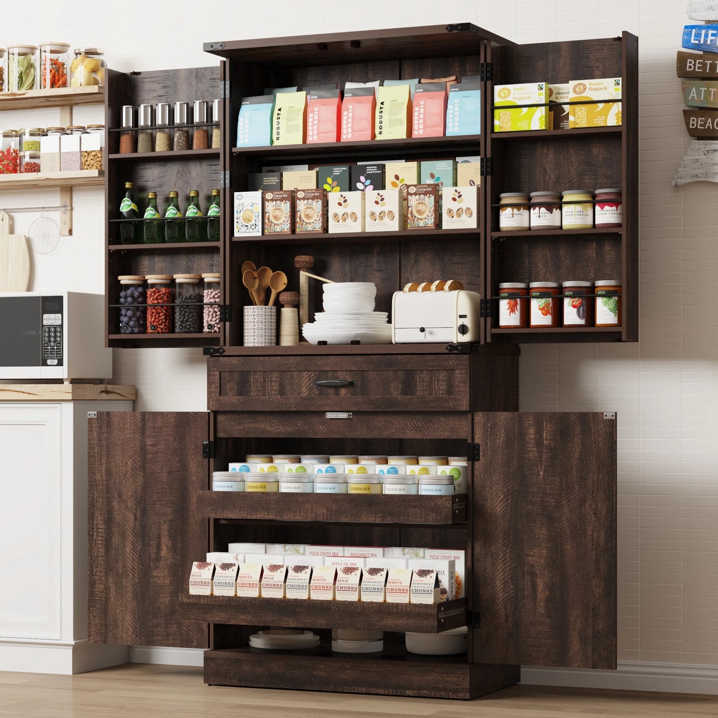 Kitchen Pantry Cabinet with 3 Drawers with 6 Barn Door