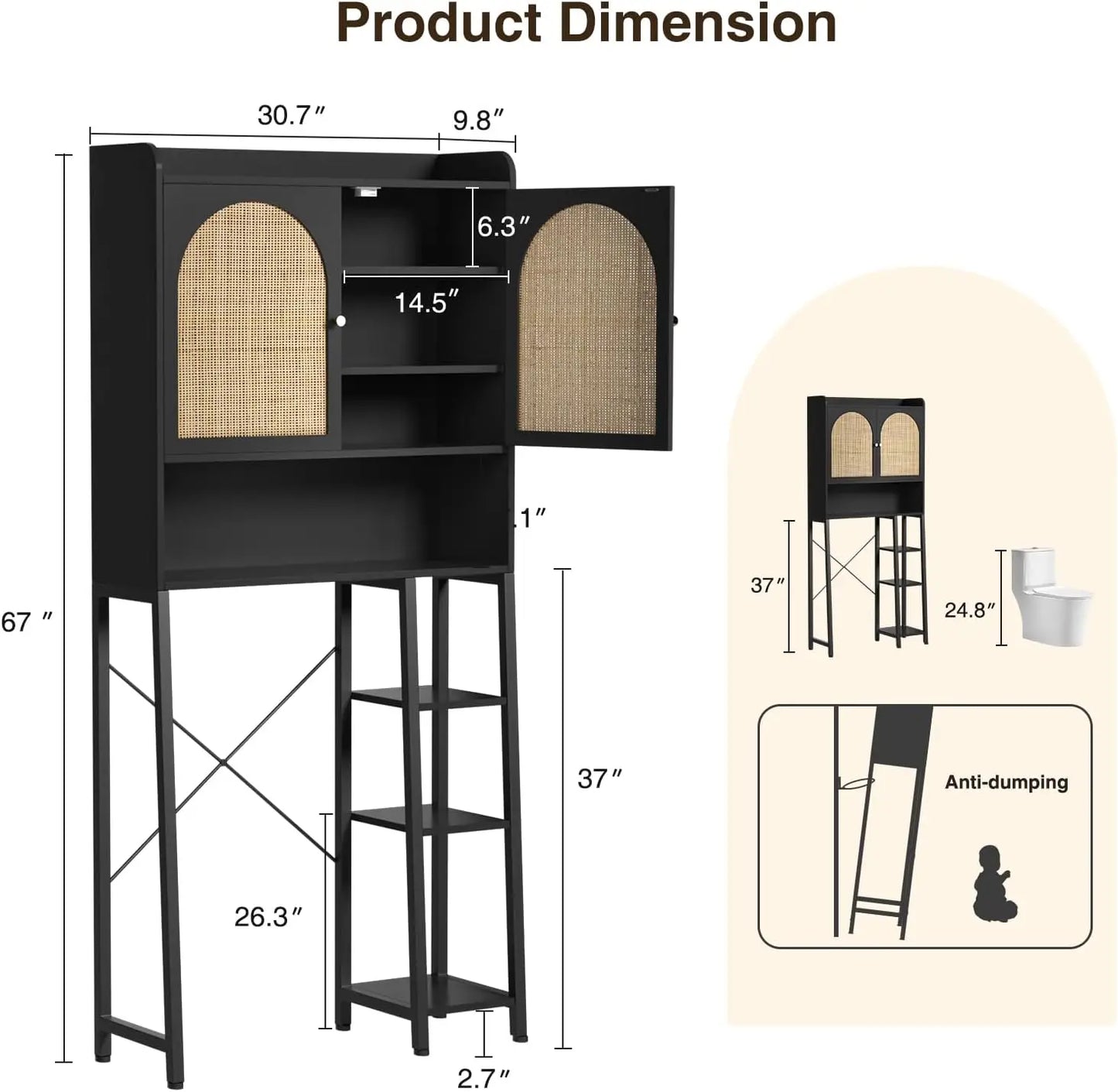 Over The Toilet Storage Cabinet with Rattan Doors & Metal Stand