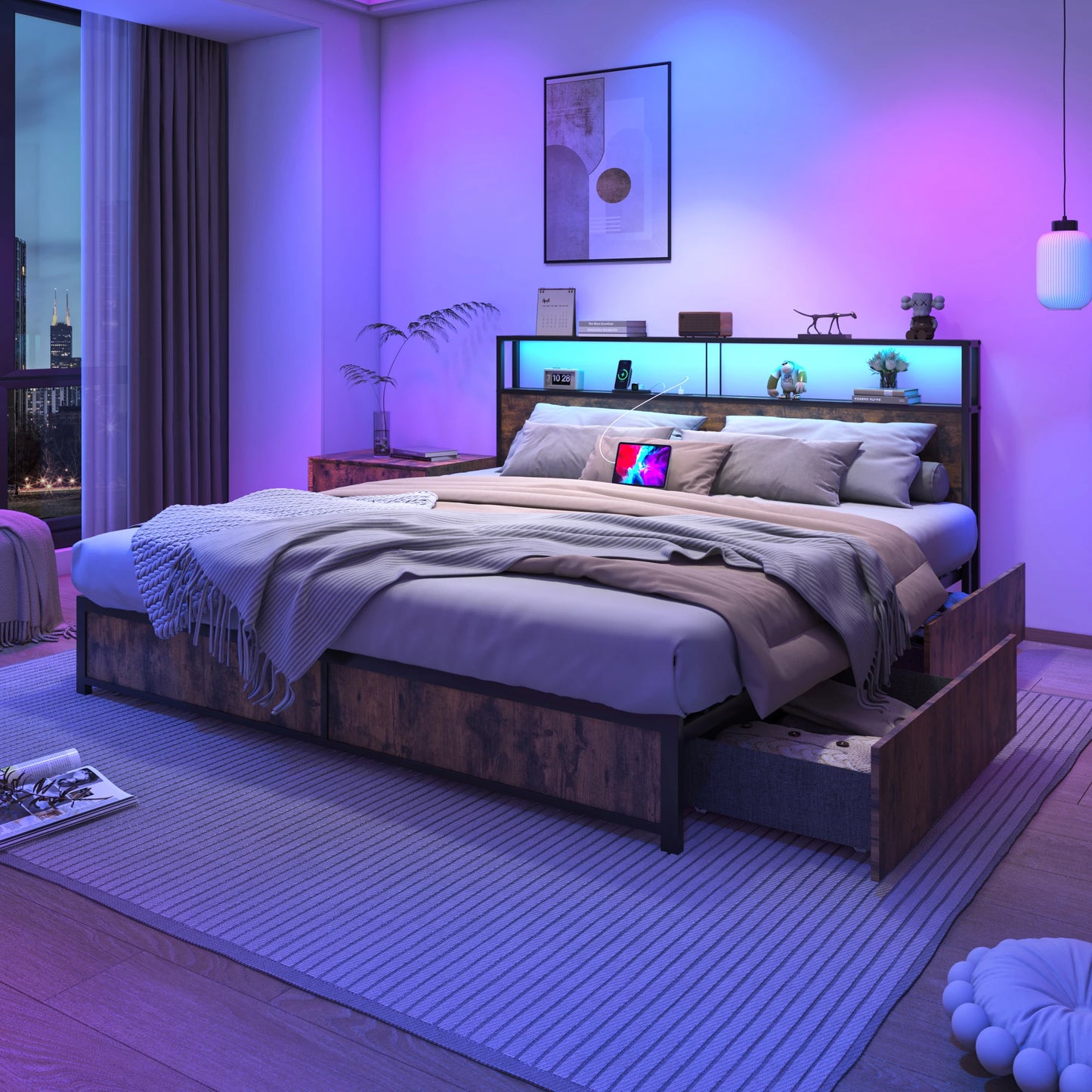 King Size Bed Frame with LED Lights and Charging Base
