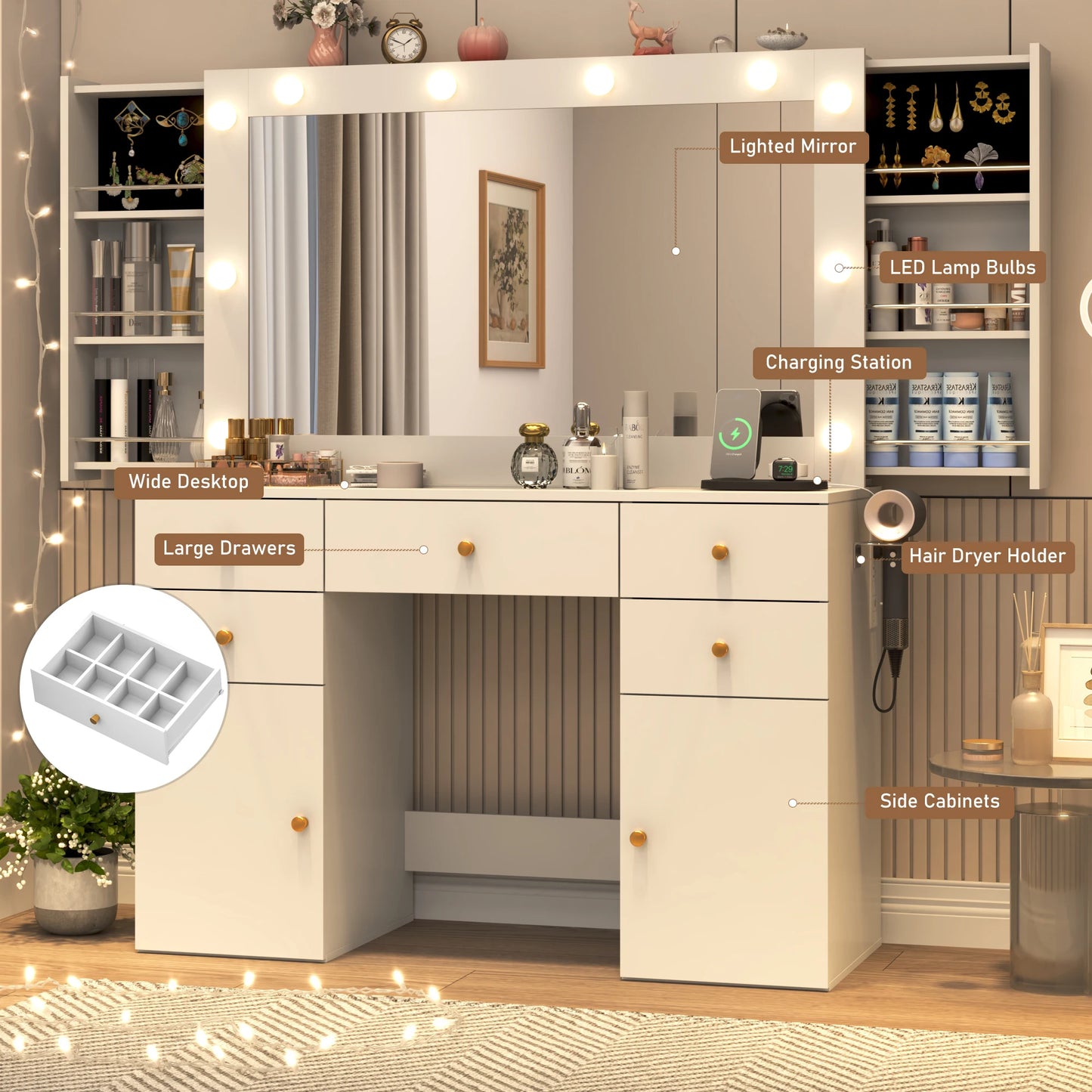 Dressing table with lighted mirror and power outlet