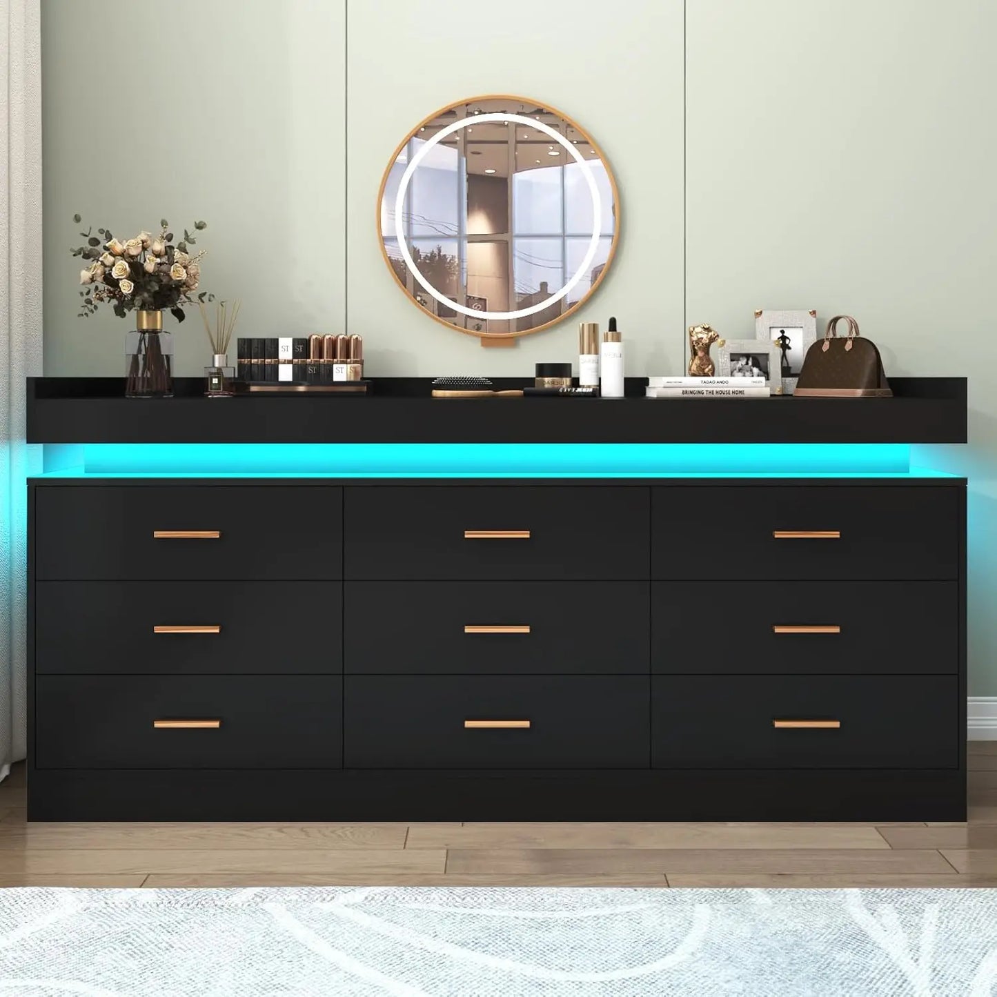 9-drawer chest with LED lighting and charging station