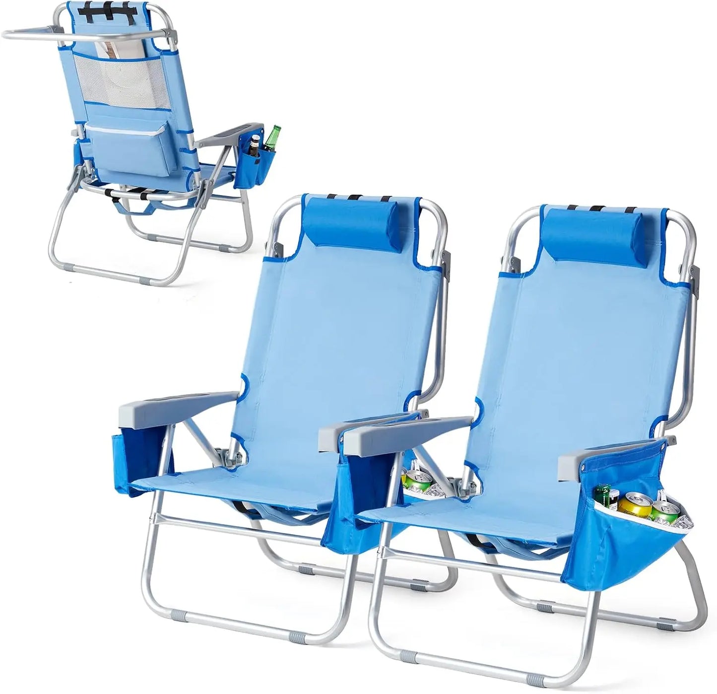 Tall Folding Beach Chair – 2 Pack with Cooler & Storage
