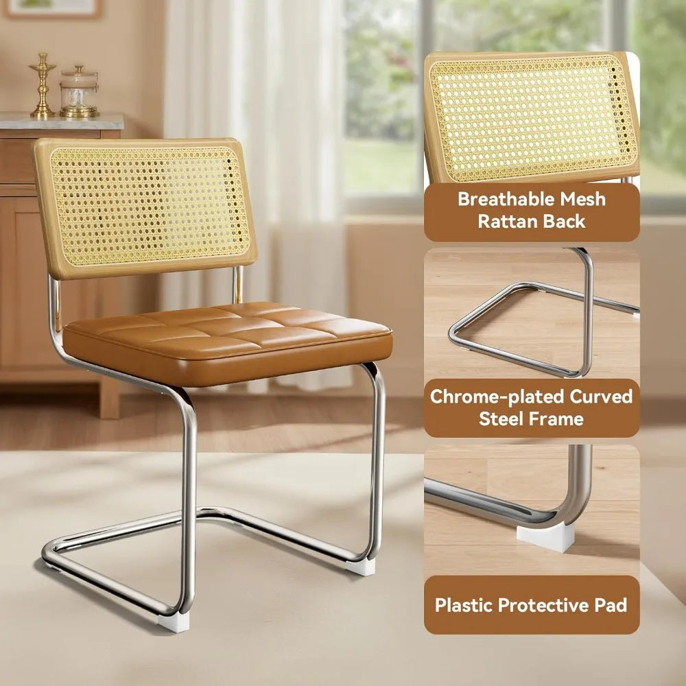 Set of 4 Rattan Dining Chairs – Faux Leather Seat with Cane Back and Metal Legs