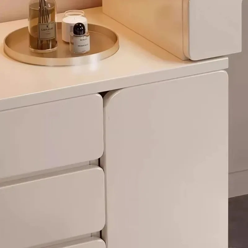 White Vanity Table with Drawers – European Minimalist Makeup Desk with Mirror & Stool