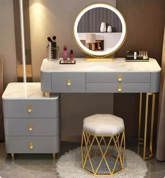 Modern Nordic Vanity Table – Elegant Pine Wood Makeup Desk with Mirror & Stool