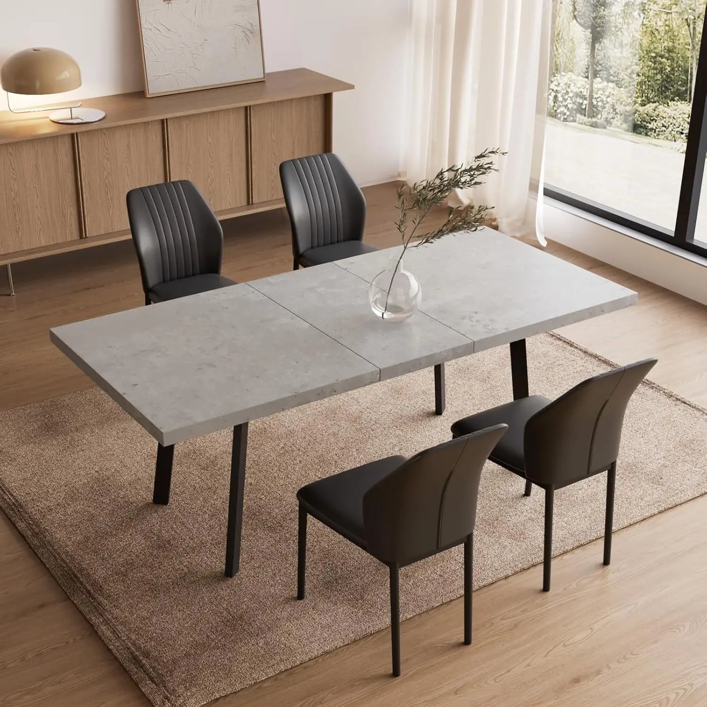 Expandable Dining Table Set – 6-Seater Modern MDF Table with PU Leather Chairs