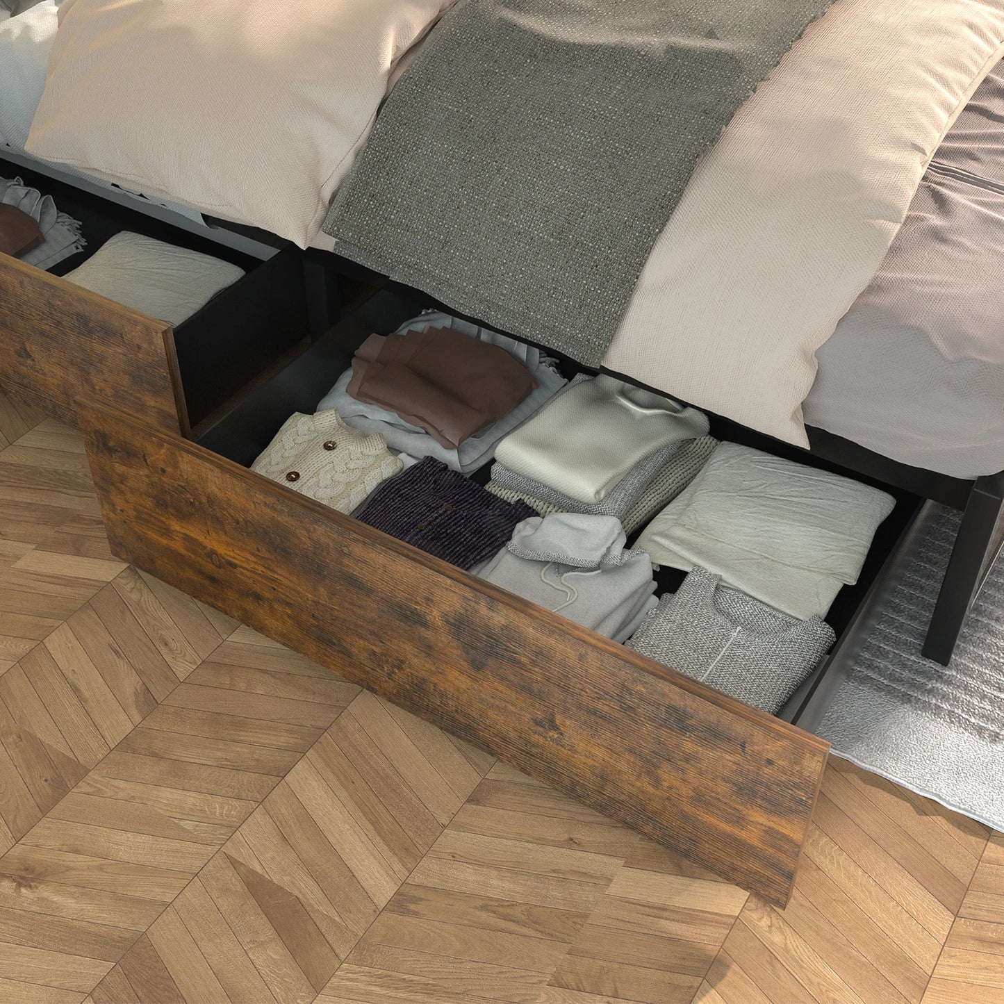 Metal platform bed frame with 4 storage drawers and headboard