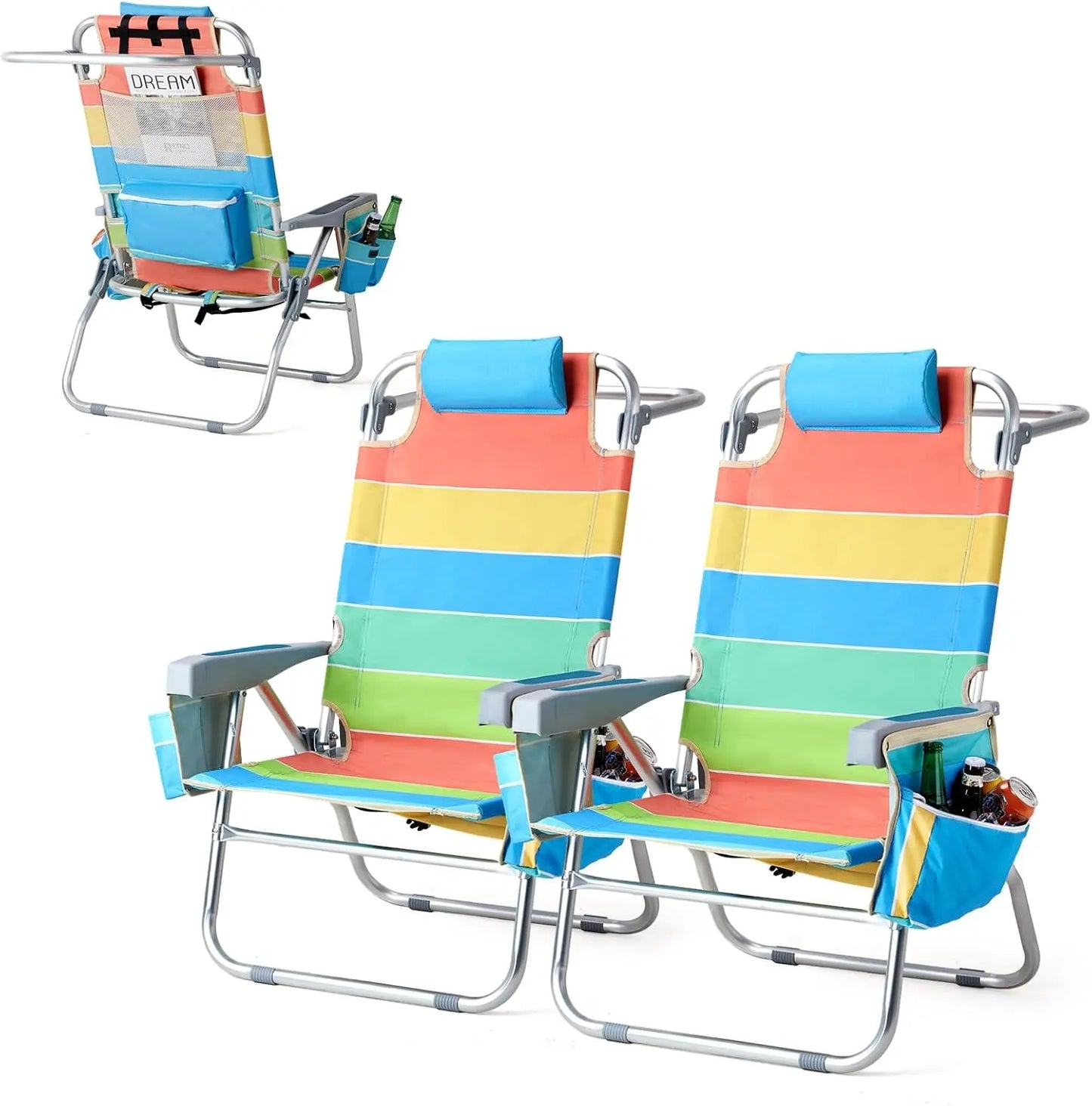 Tall Folding Beach Chair – 2 Pack with Cooler & Storage