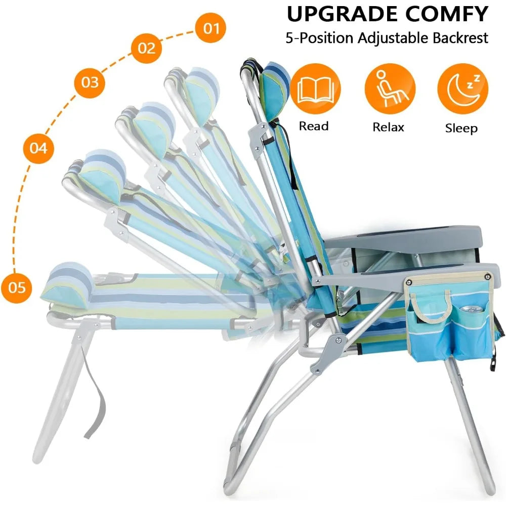 Tall Folding Beach Chair – 2 Pack with Cooler & Storage