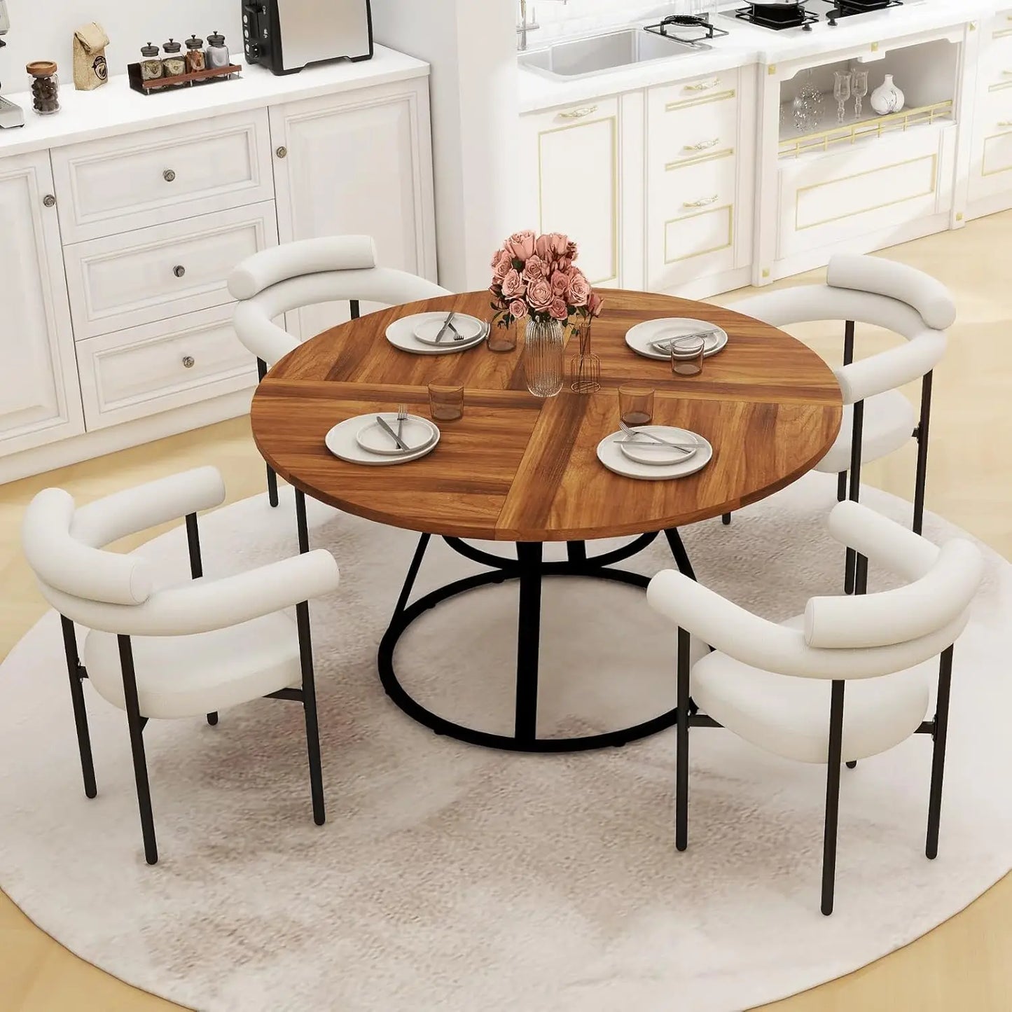 47” Round Dining Table Set – 5-Piece Boucle Chairs with Modern Circle Table