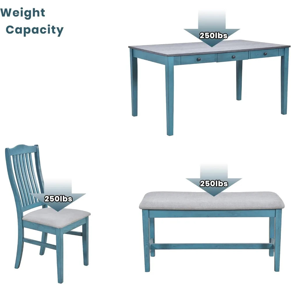 6-Piece Farmhouse Dining Set – Solid Wood Table with Bench, Upholstered Chairs & Storage Drawers