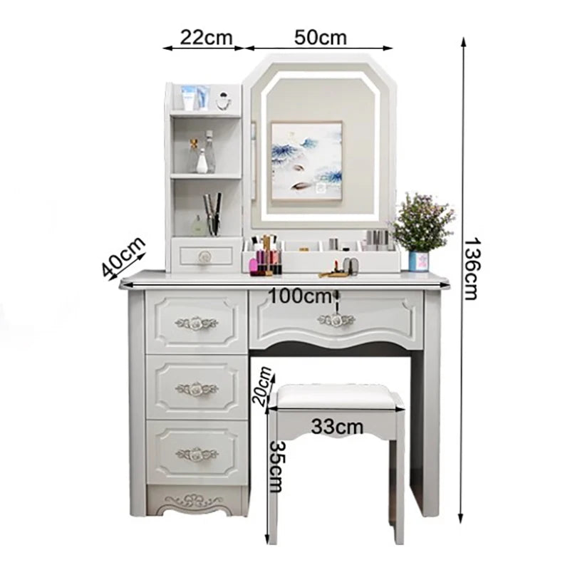 Luxury Nordic Vanity Table with Mirror & Stool – Classic Storage Dresser