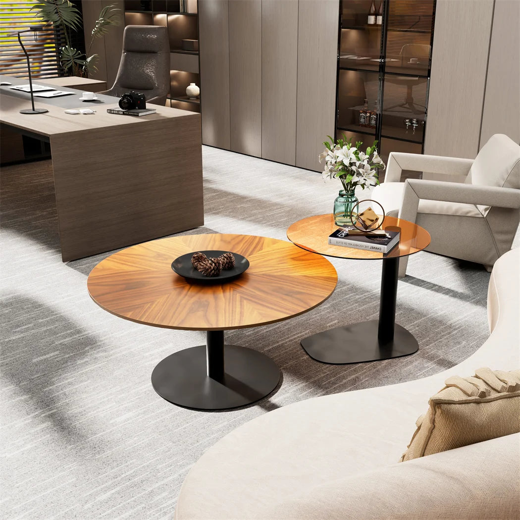 Round Wood Coffee Table Set