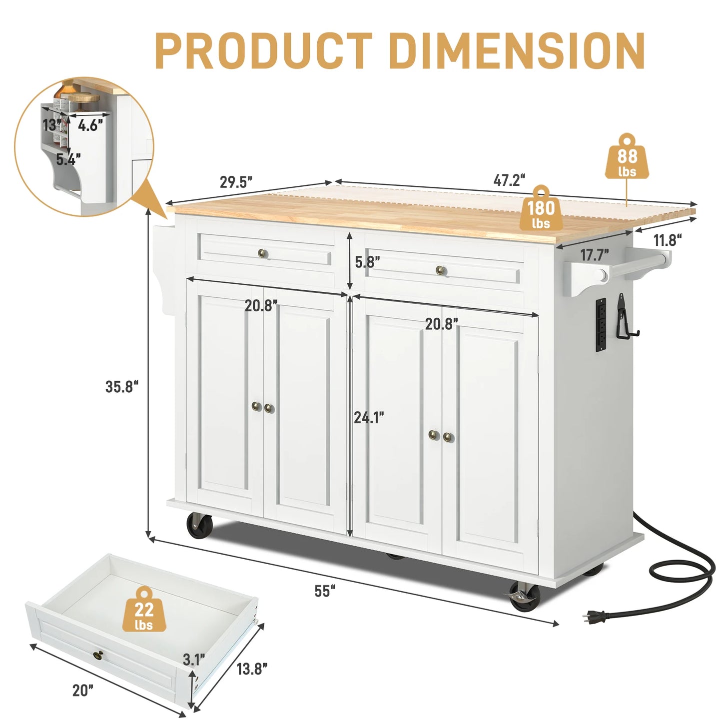 Movable kitchen table with spice rack