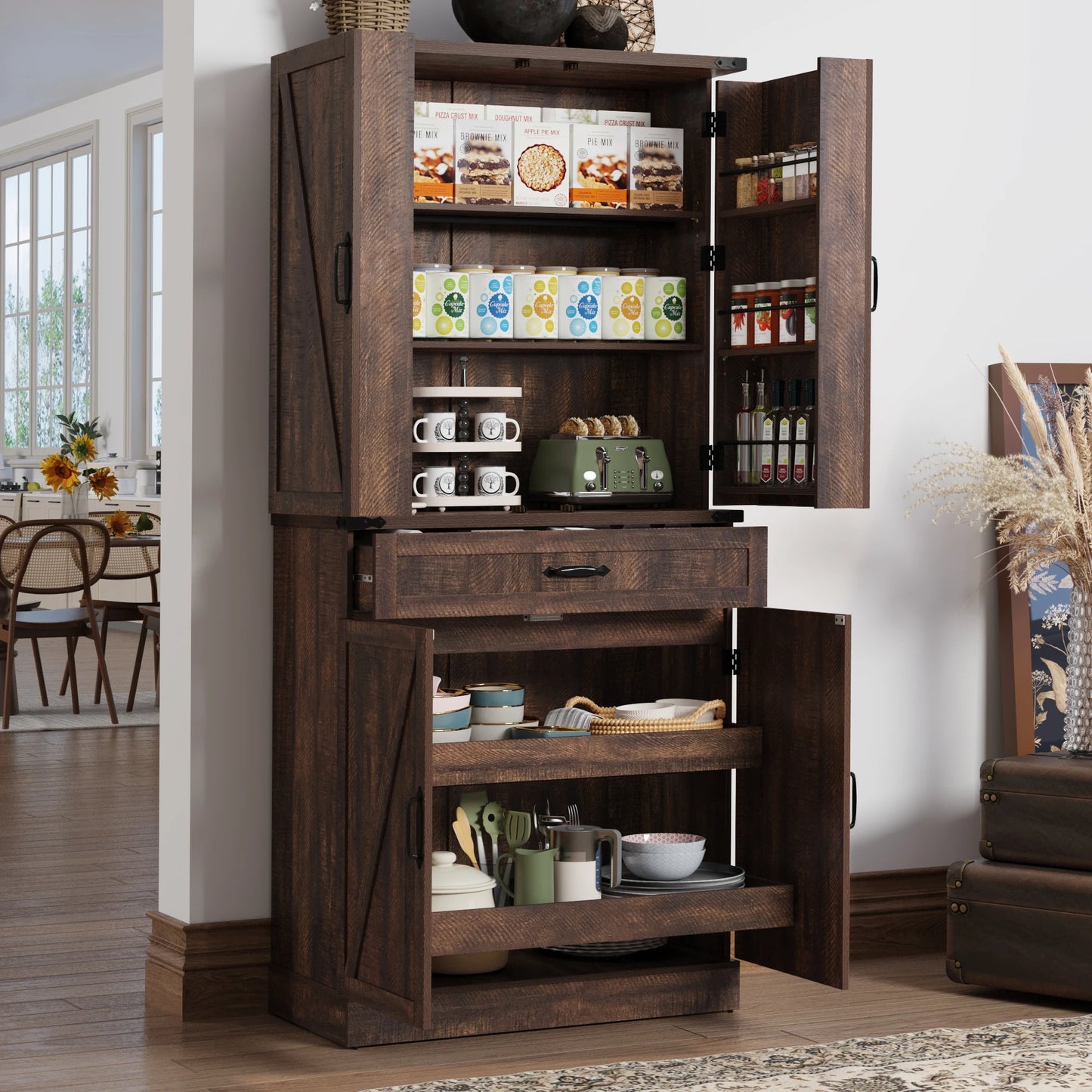Kitchen Pantry Cabinet with 3 Drawers with 6 Barn Door