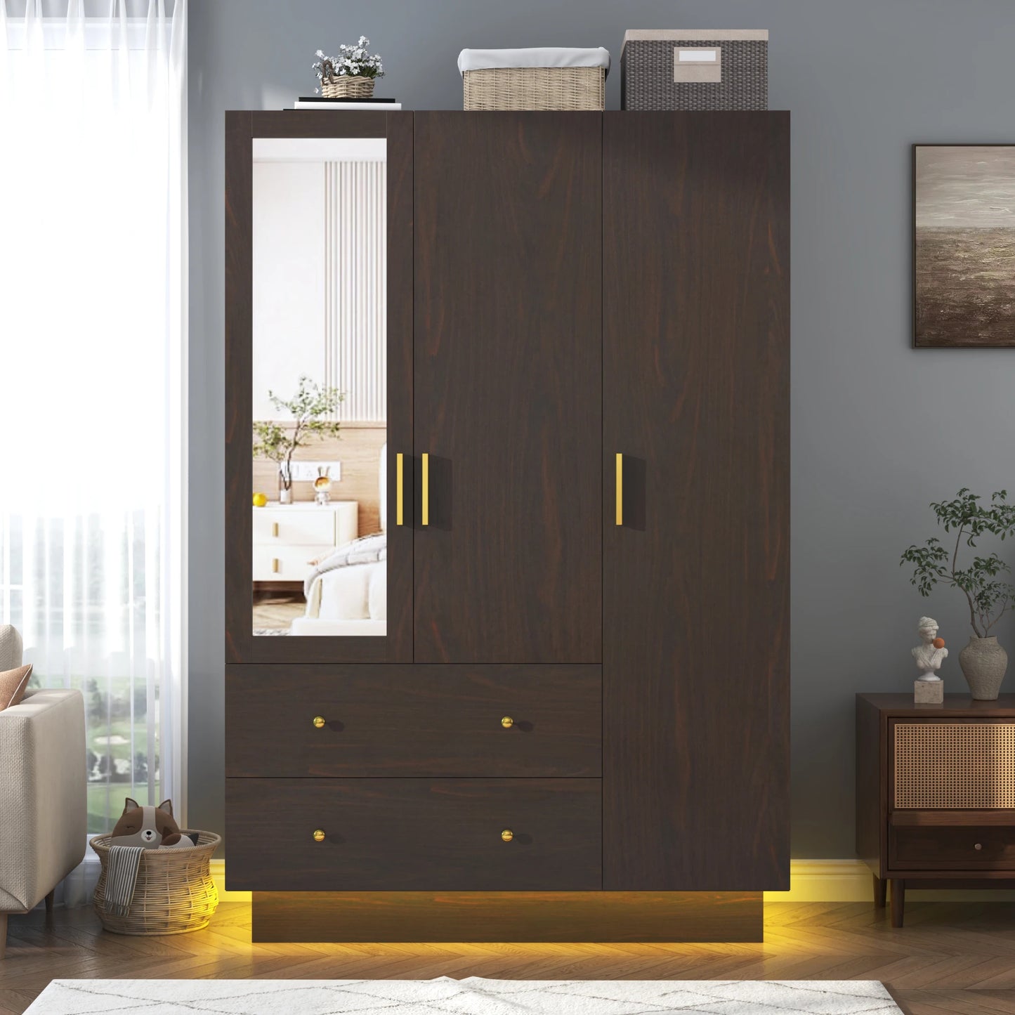 Modern wooden wardrobe with hanging rod for bedroom