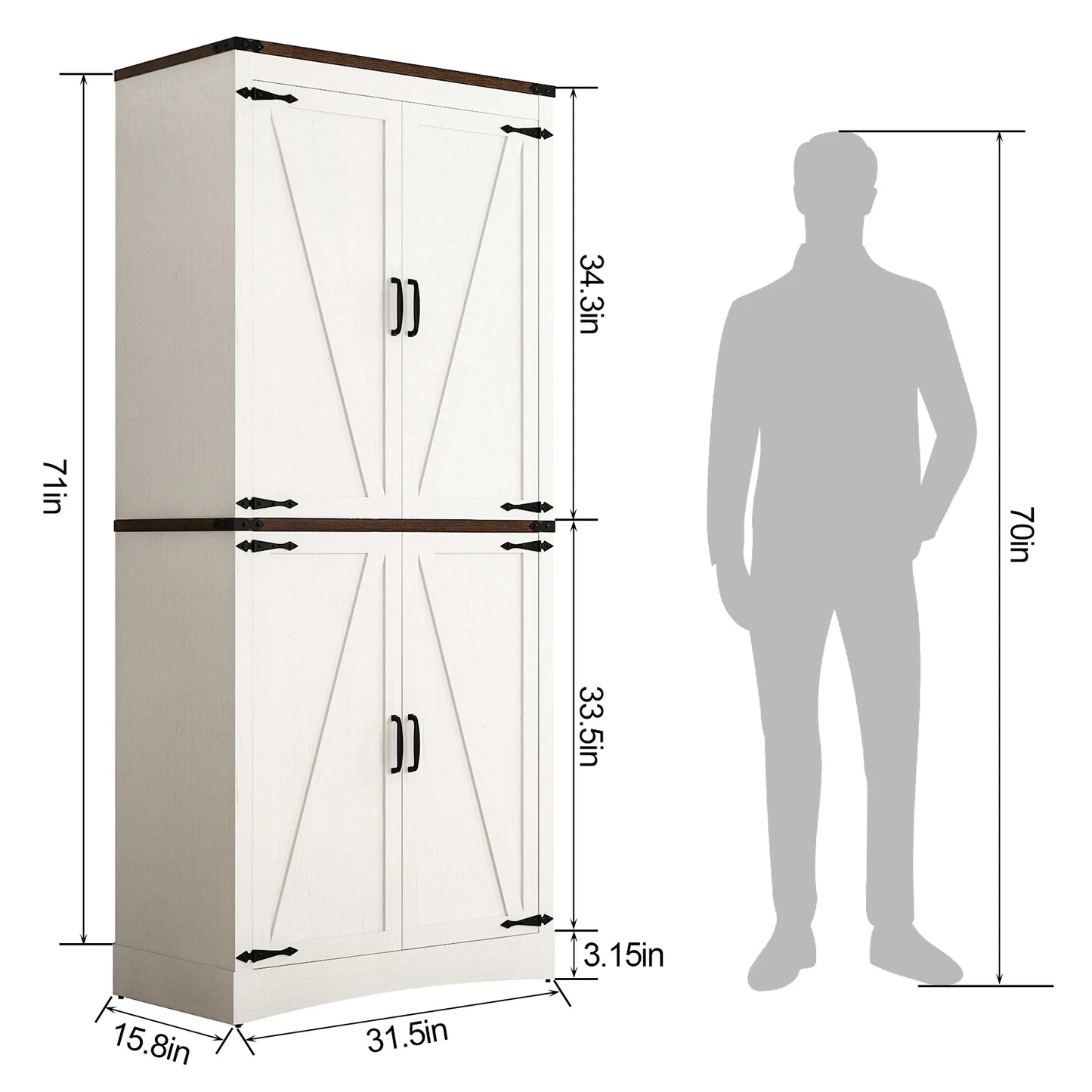 Kitchen Pantry Cabinet with Adjustable Shelves and 4 Barn Doors