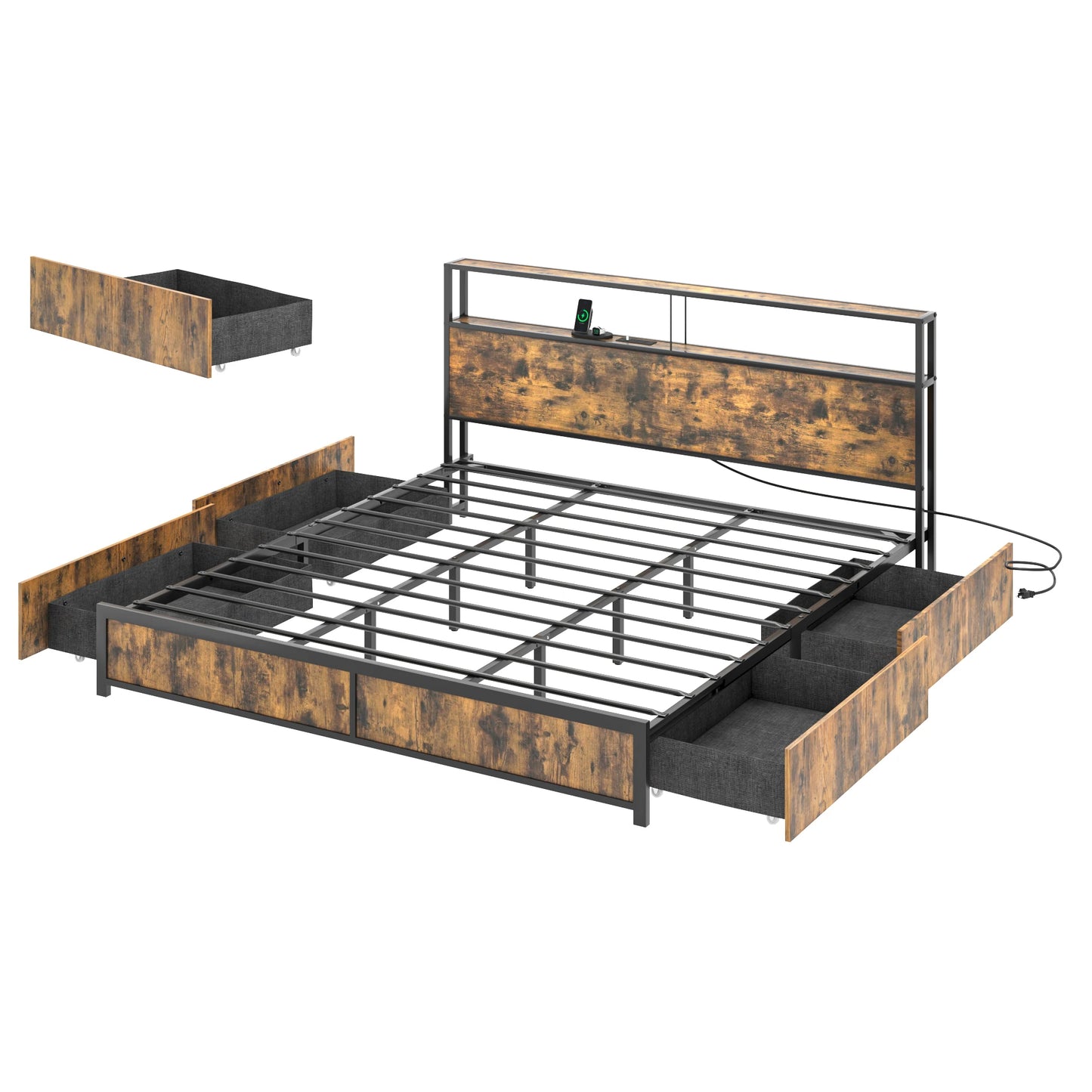 King Size Bed Frame with LED Lights and Charging Base