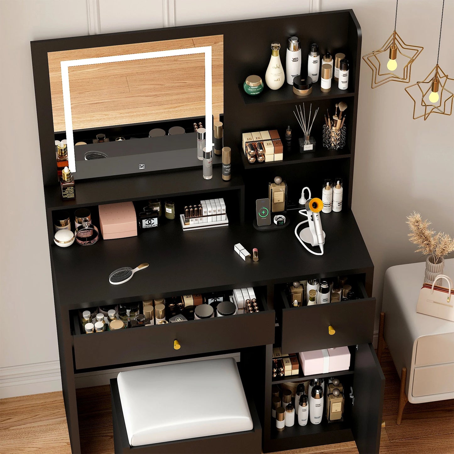 Illuminated makeup table with drawers