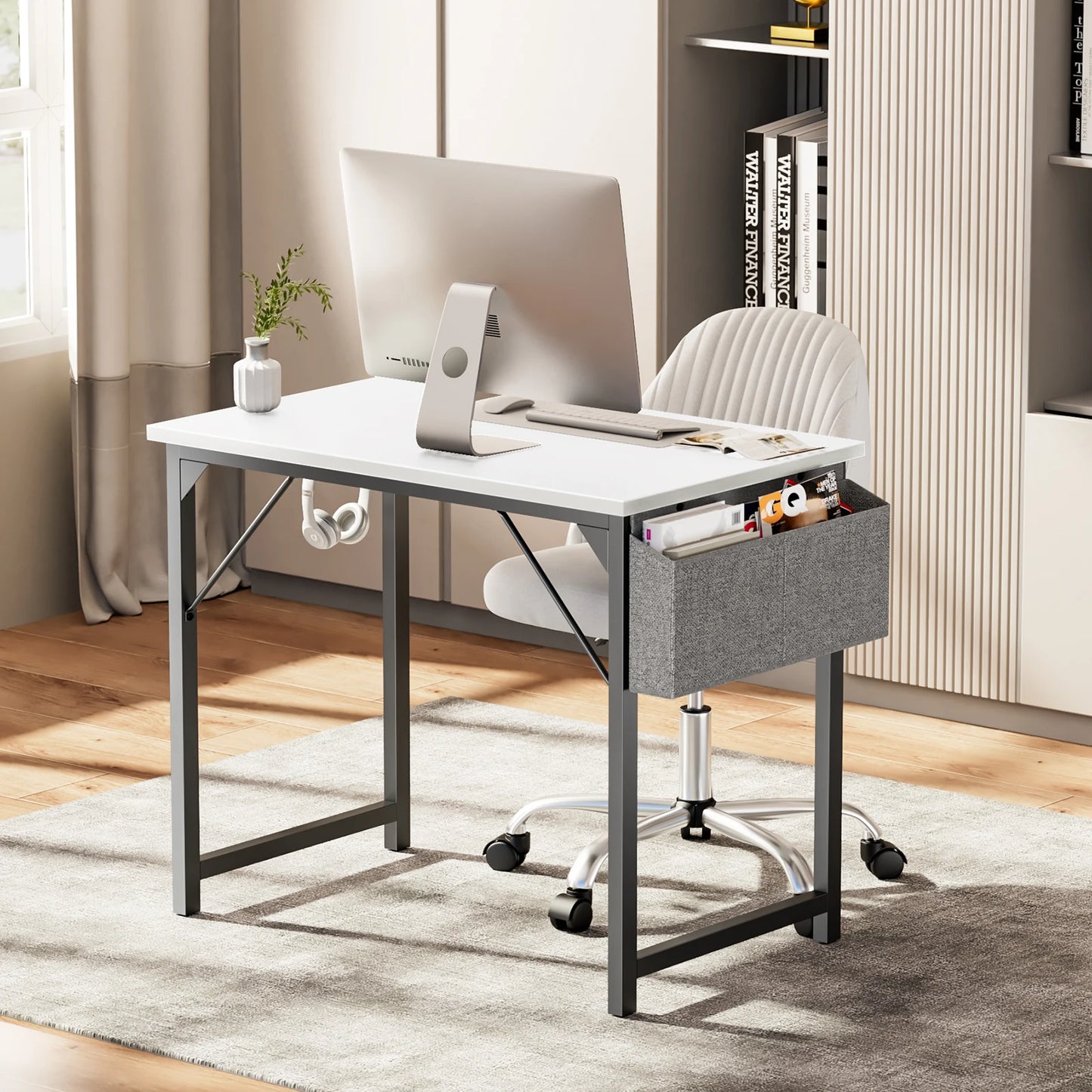 Modern Computer Desk with Side Bag and Headphone Hook