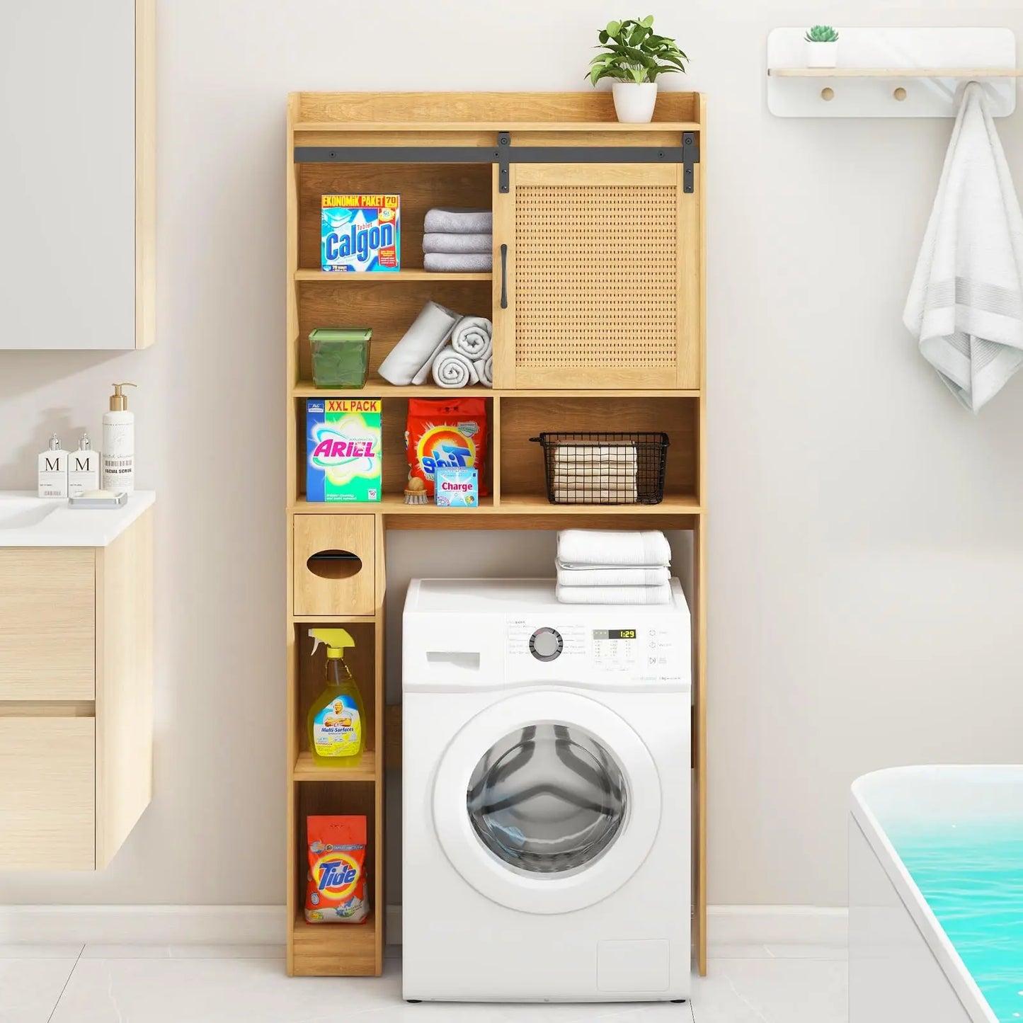Over the Toilet Storage Cabinet with Rattan Door & Toilet Paper Holder