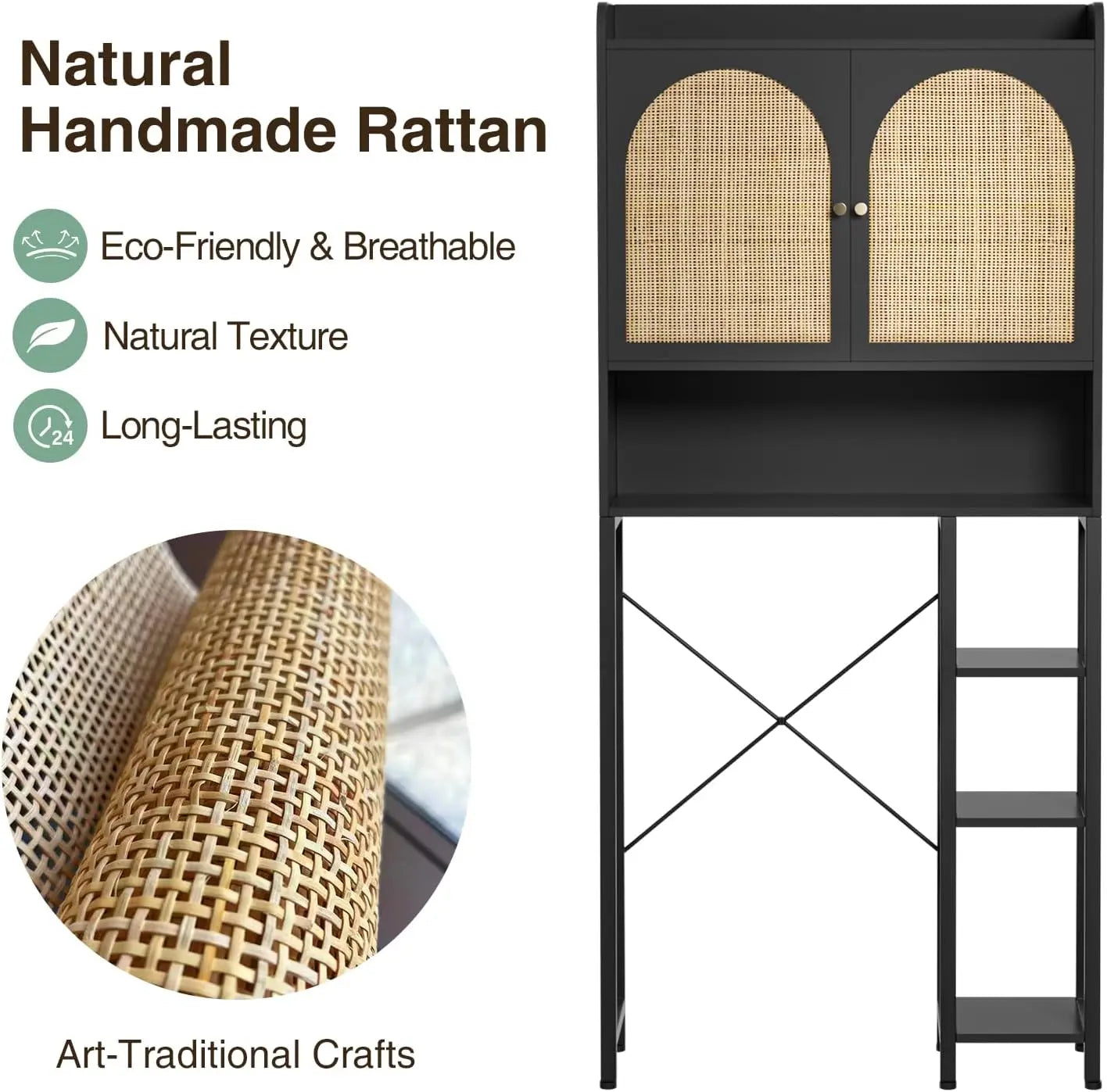 Over The Toilet Storage Cabinet with Rattan Doors & Metal Stand