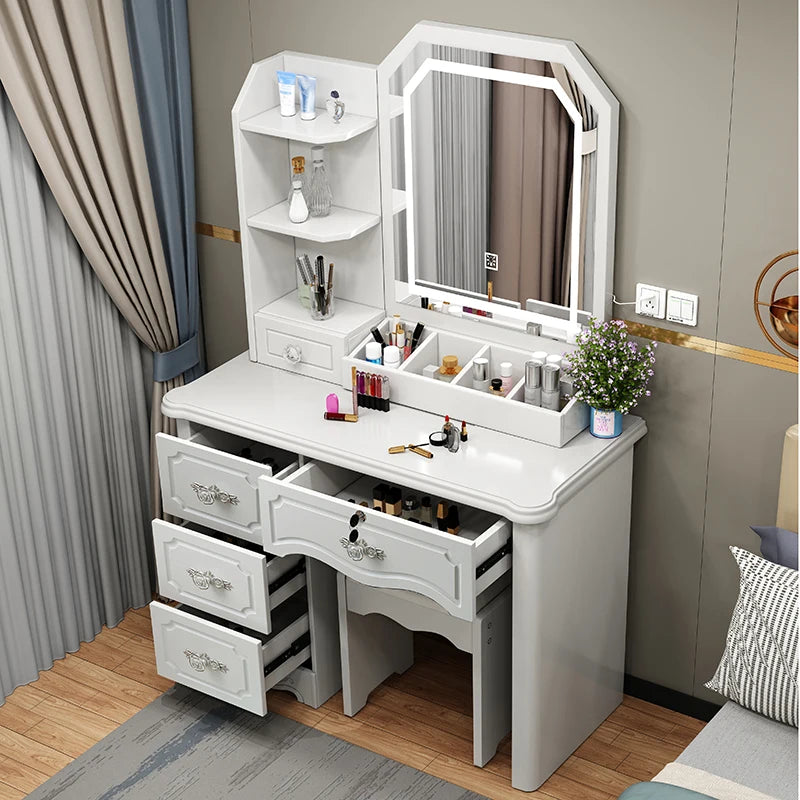Luxury Nordic Vanity Table with Mirror & Stool – Classic Storage Dresser