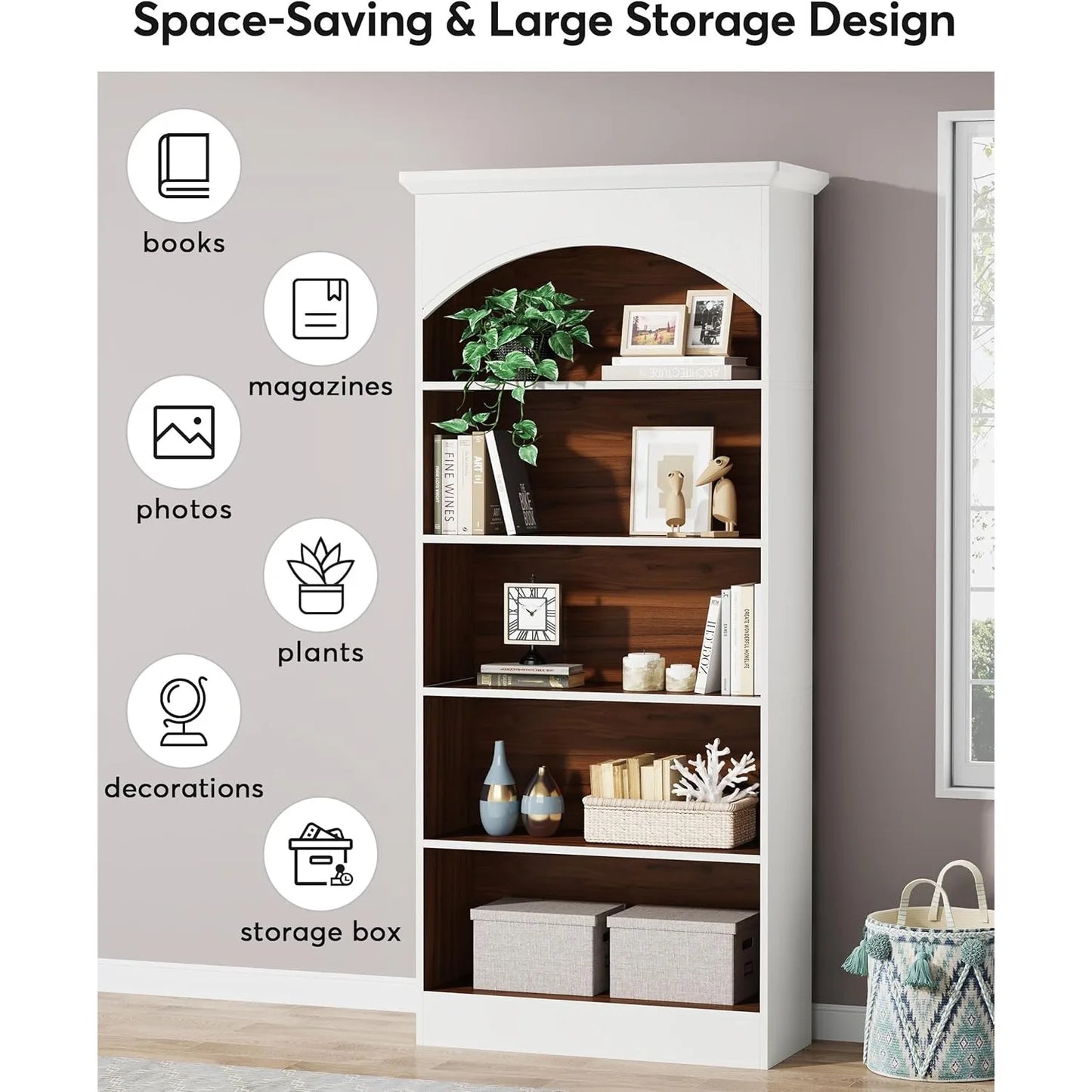 Tall White 5-Shelf Bookcase
