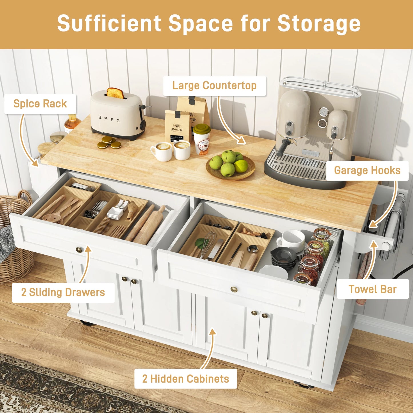 Movable kitchen table with spice rack