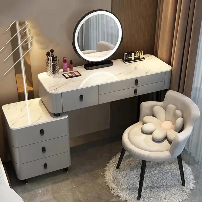 Modern Nordic Vanity Table – Elegant Pine Wood Makeup Desk with Mirror & Stool