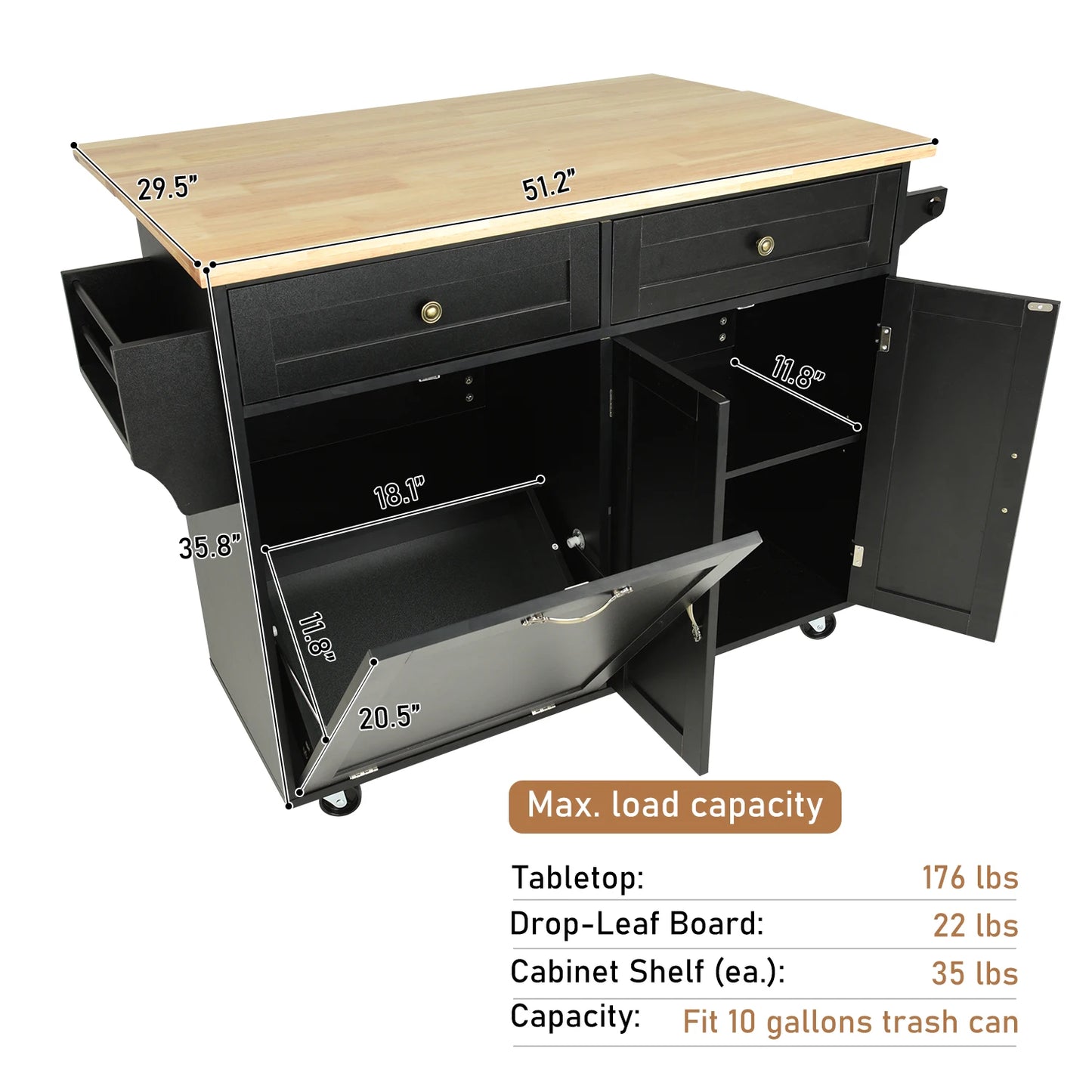 Rolling Kitchen Island with/Drop Leaf