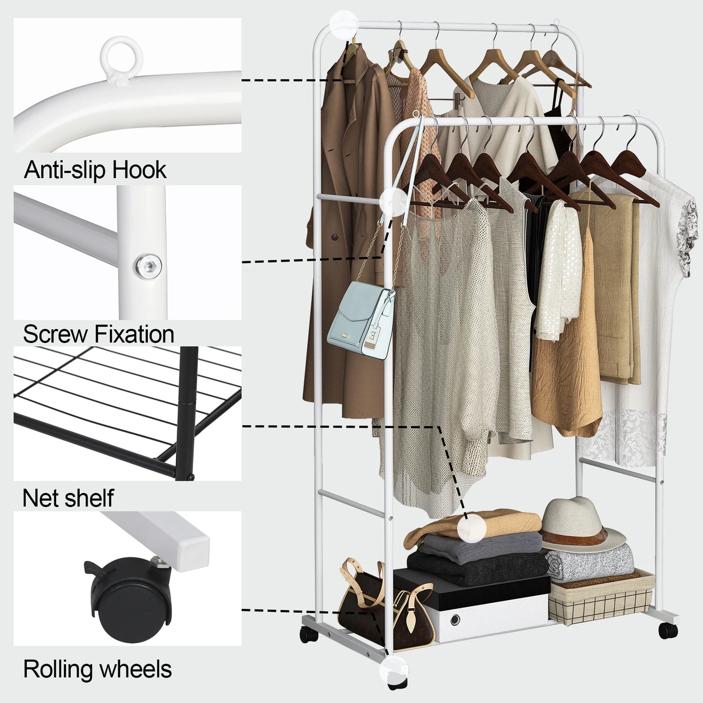 Double Rod Rolling Clothes Rack