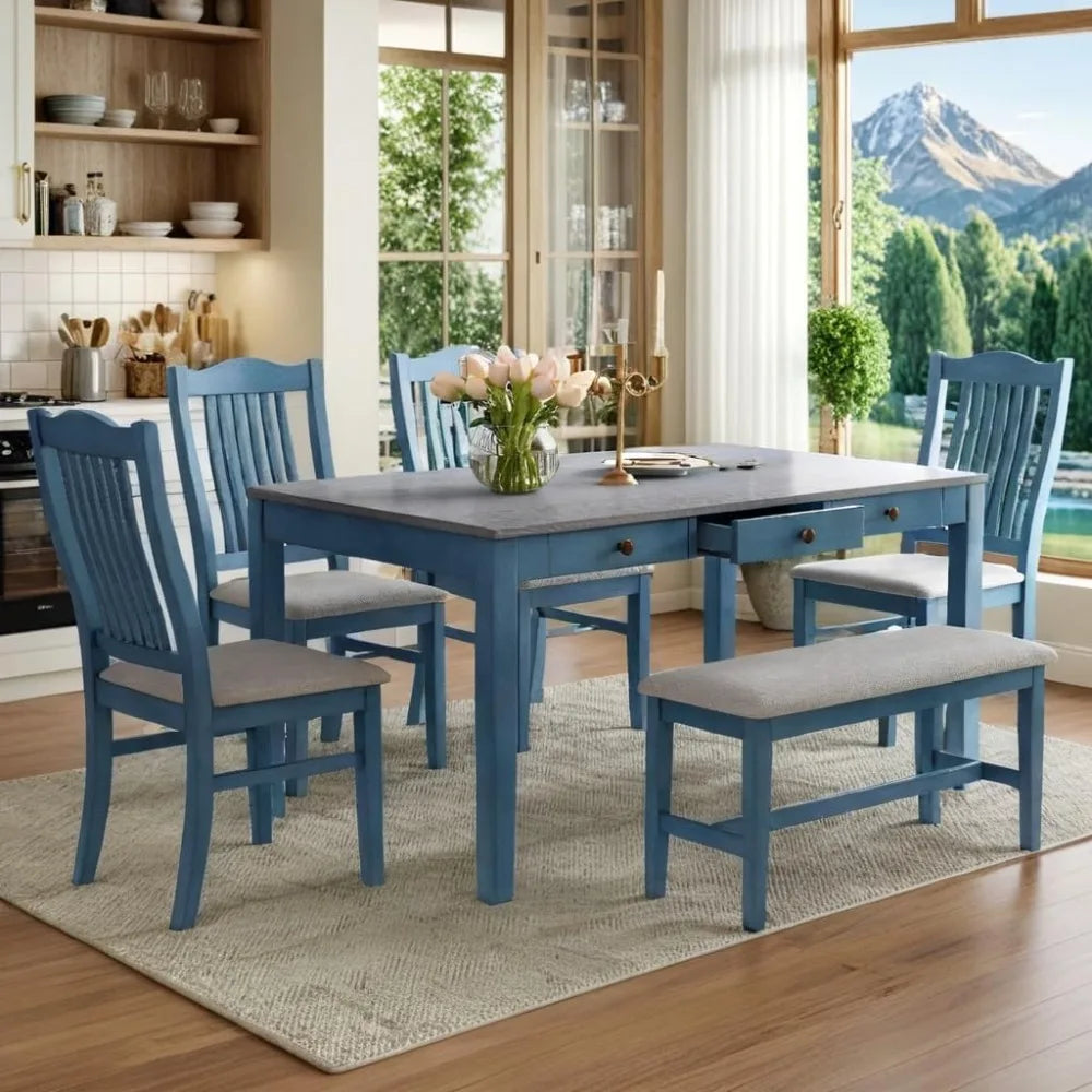 6-Piece Farmhouse Dining Set – Solid Wood Table with Bench, Upholstered Chairs & Storage Drawers