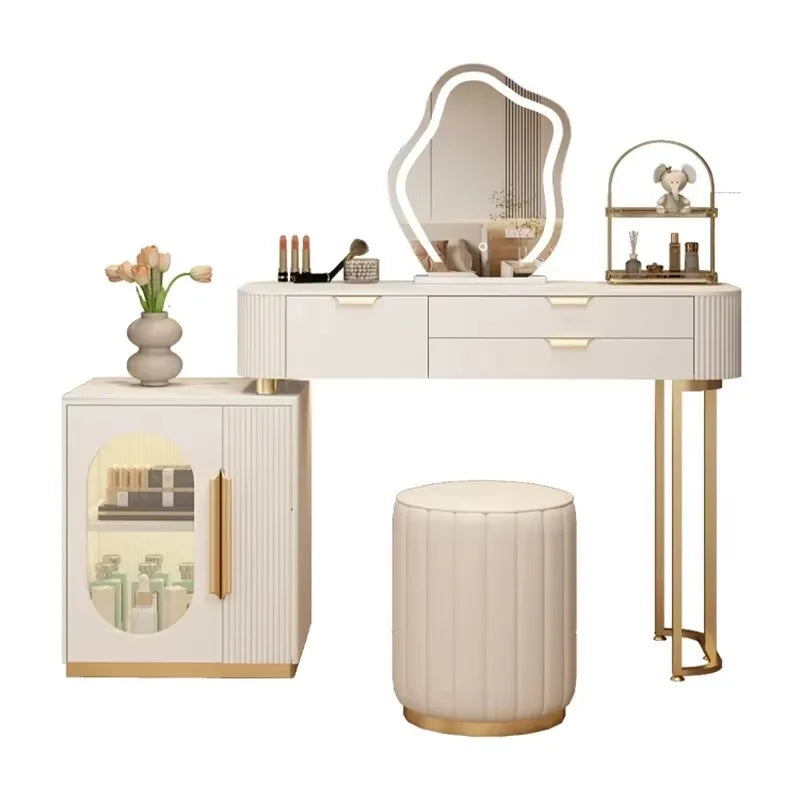 Classic White Vanity Table – European Makeup Desk with Mirror & Stool