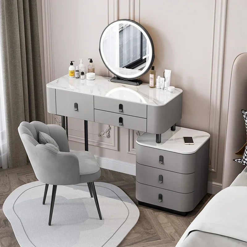 Nordic Vanity Table with Rock Slab Top – Pine Wood Makeup Desk with Mirror