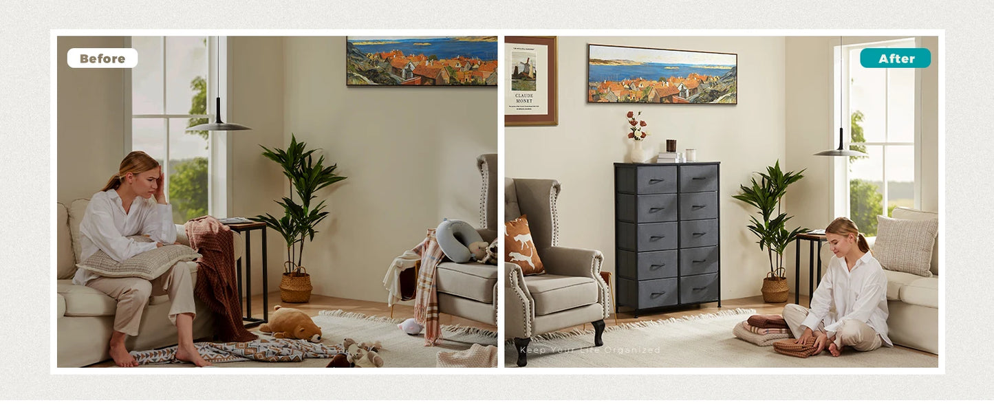 10-Drawer Bedside Table with Fabric Drawers
