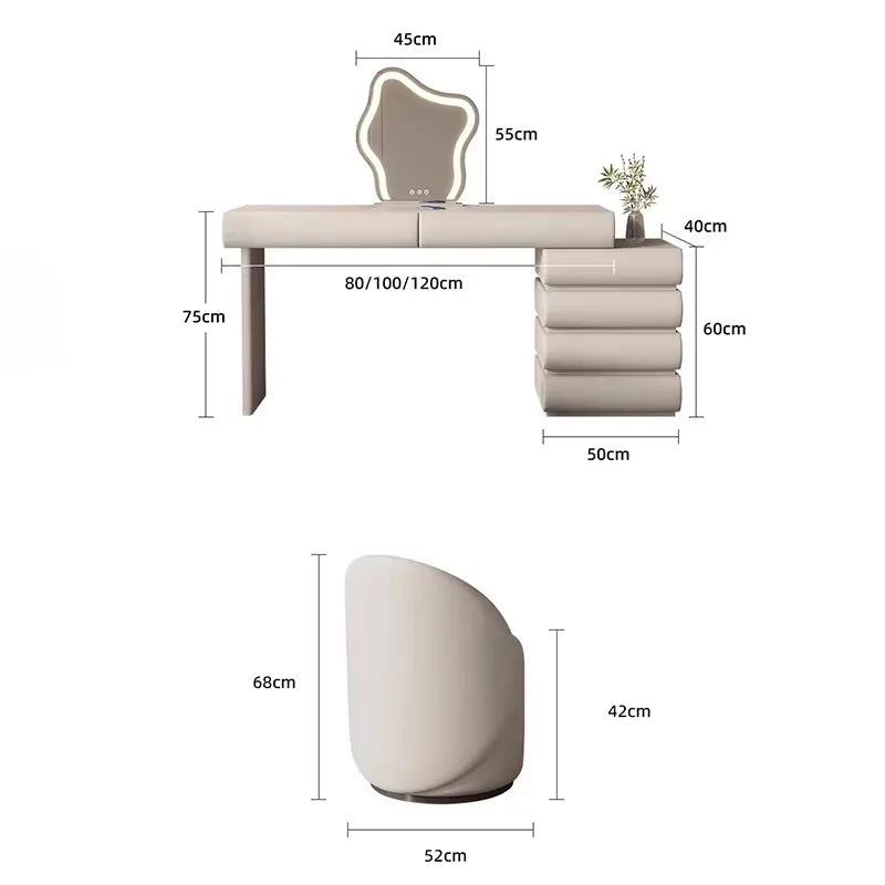 Minimalist White Vanity Table – Elegant Makeup Desk with Mirror & Stool