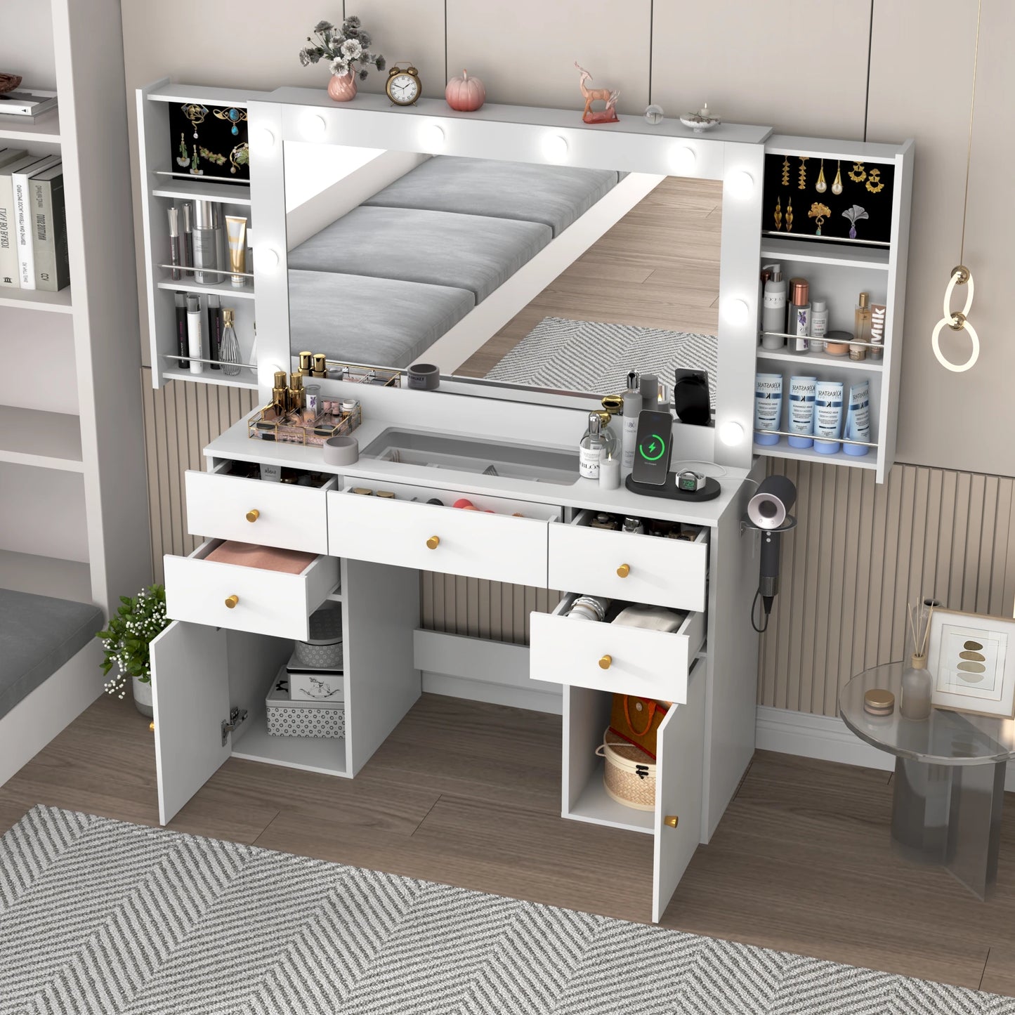 Dressing table with lighted mirror and power outlet