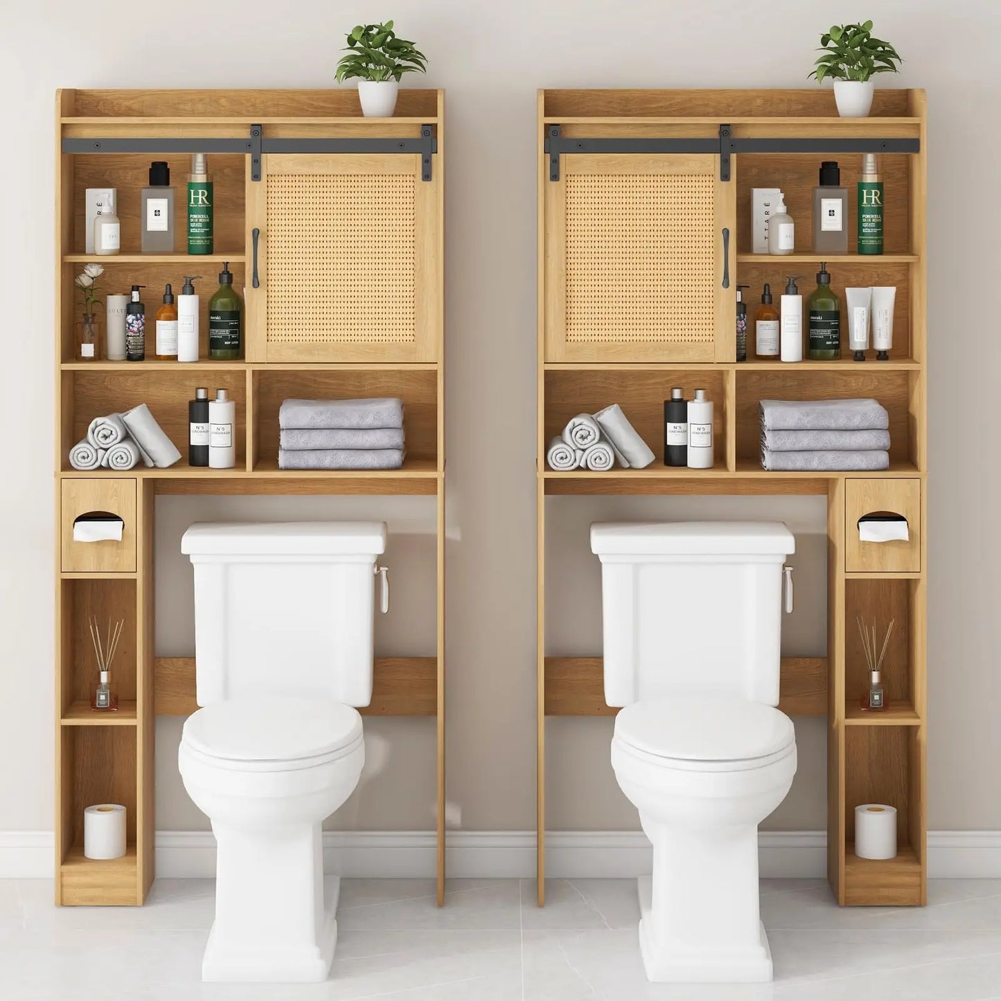 Over the Toilet Storage Cabinet with Rattan Door & Toilet Paper Holder