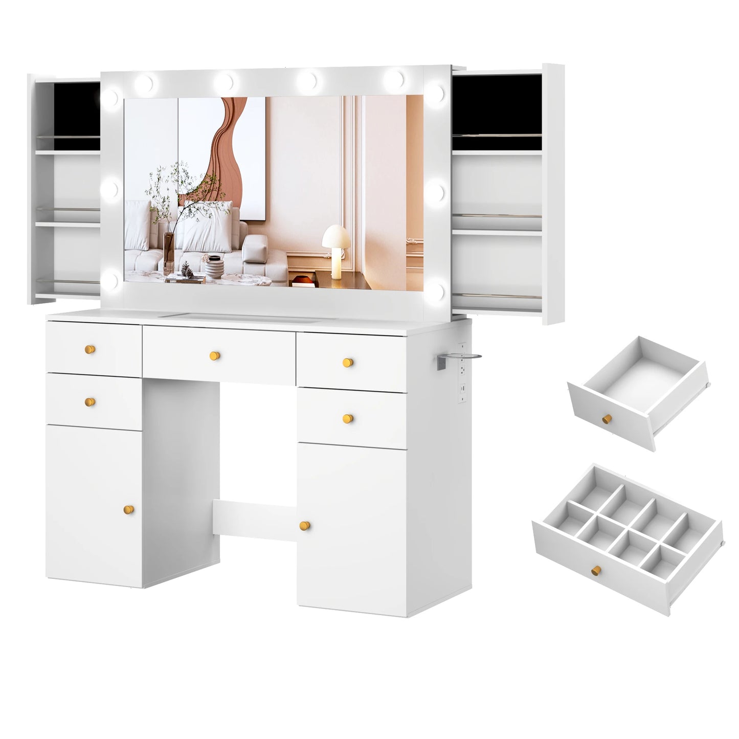 Dressing table with lighted mirror and power outlet