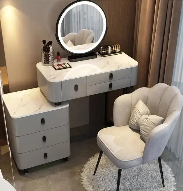 Modern Nordic Vanity Table – Elegant Pine Wood Makeup Desk with Mirror & Stool