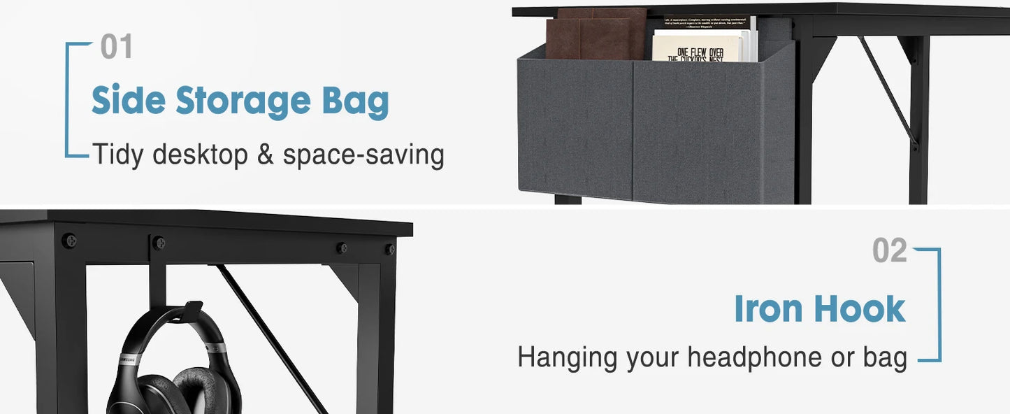 Modern Computer Desk with Side Bag and Headphone Hook