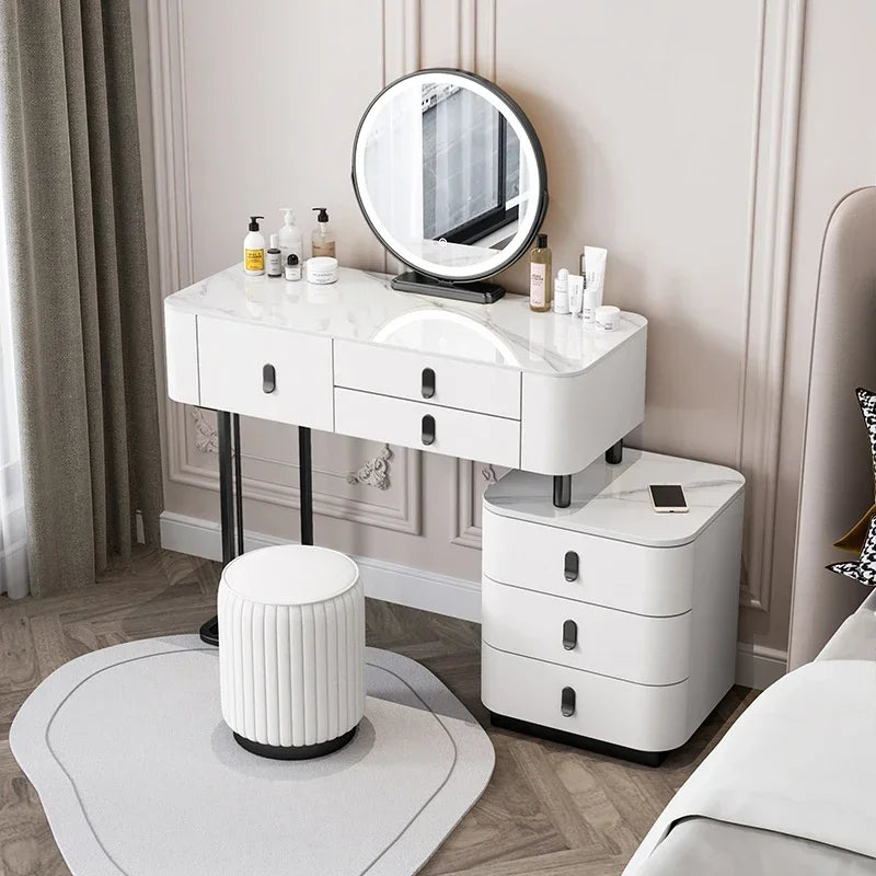 Nordic Vanity Table with Rock Slab Top – Pine Wood Makeup Desk with Mirror