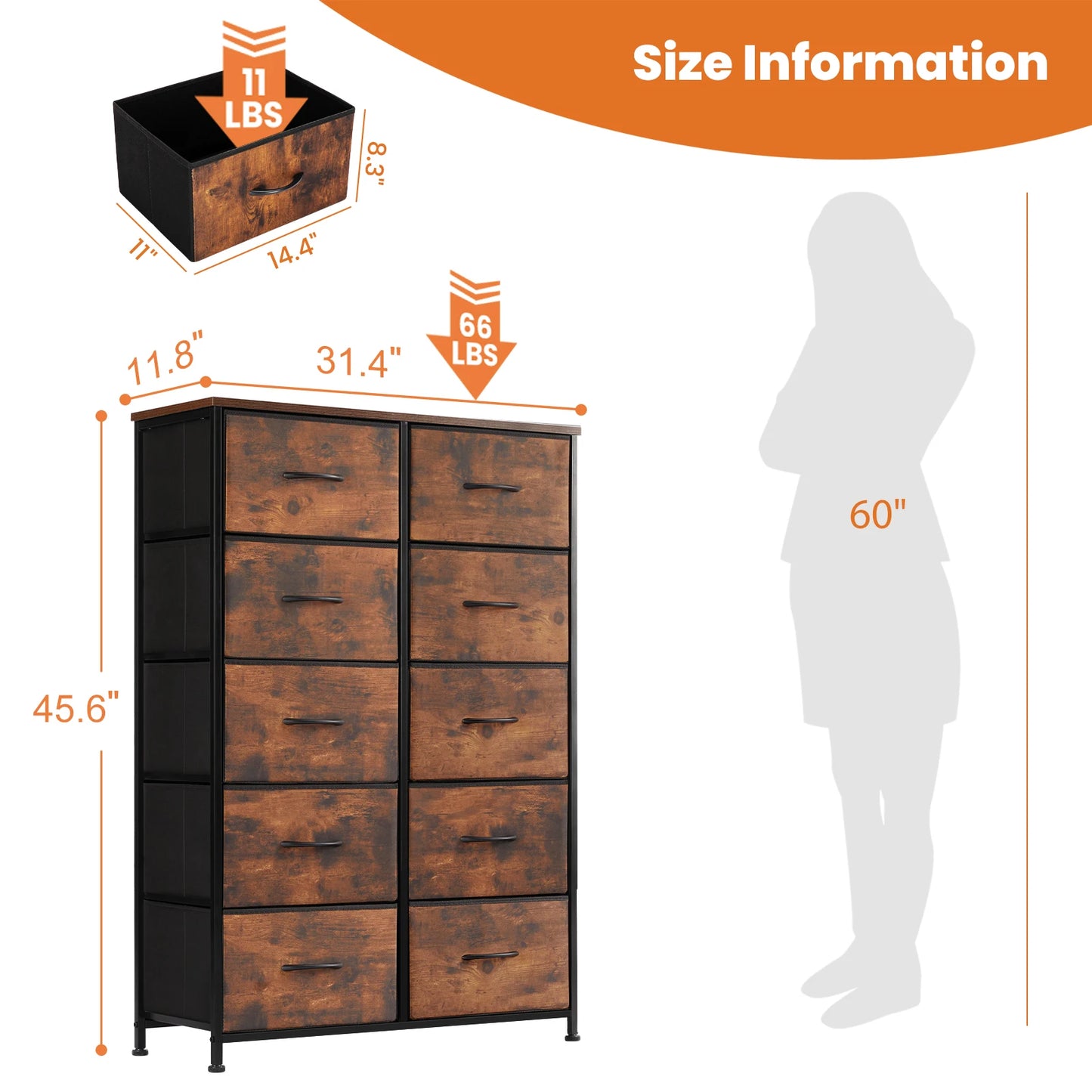 10-Drawer Bedside Table with Steel Frame
