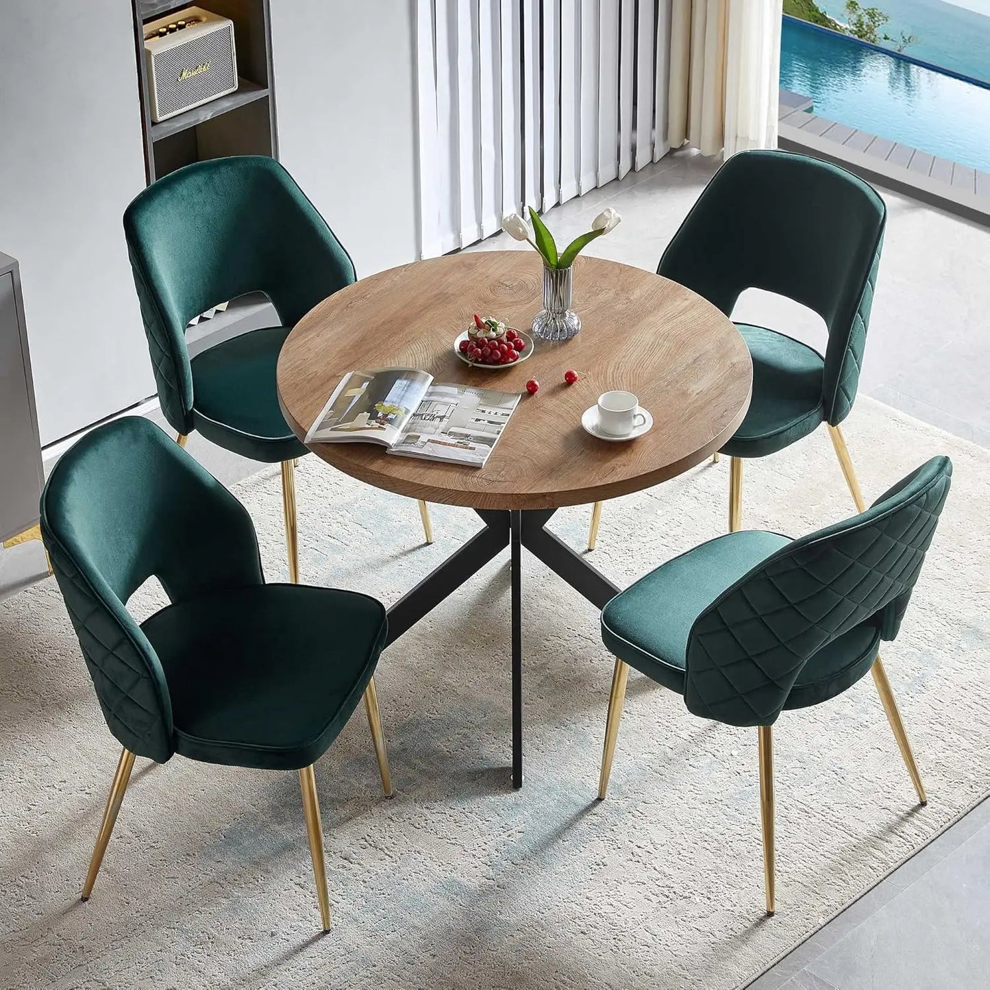 Walnut Round Dining Set with Velvet Chairs – 5-Piece Gold-Leg Table and Chair Set