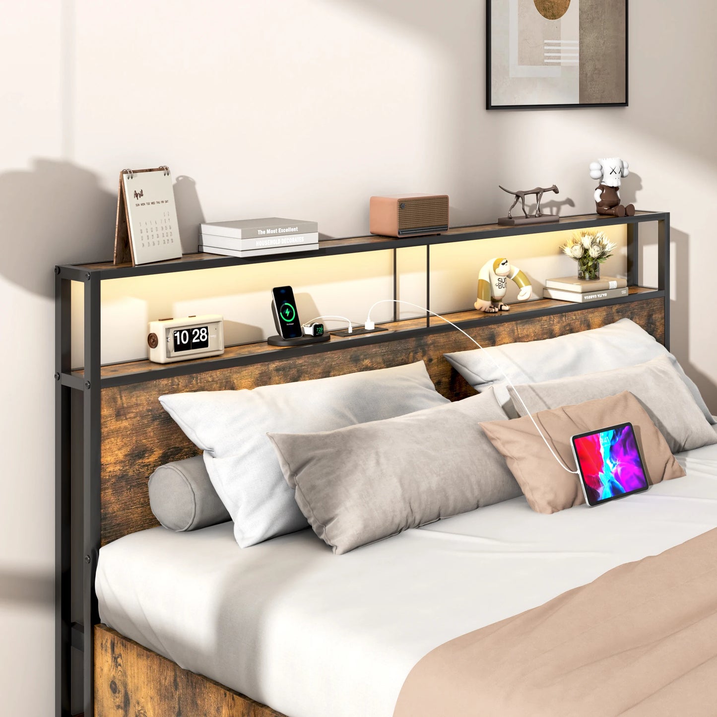 King Size Bed Frame with LED Lights and Charging Base