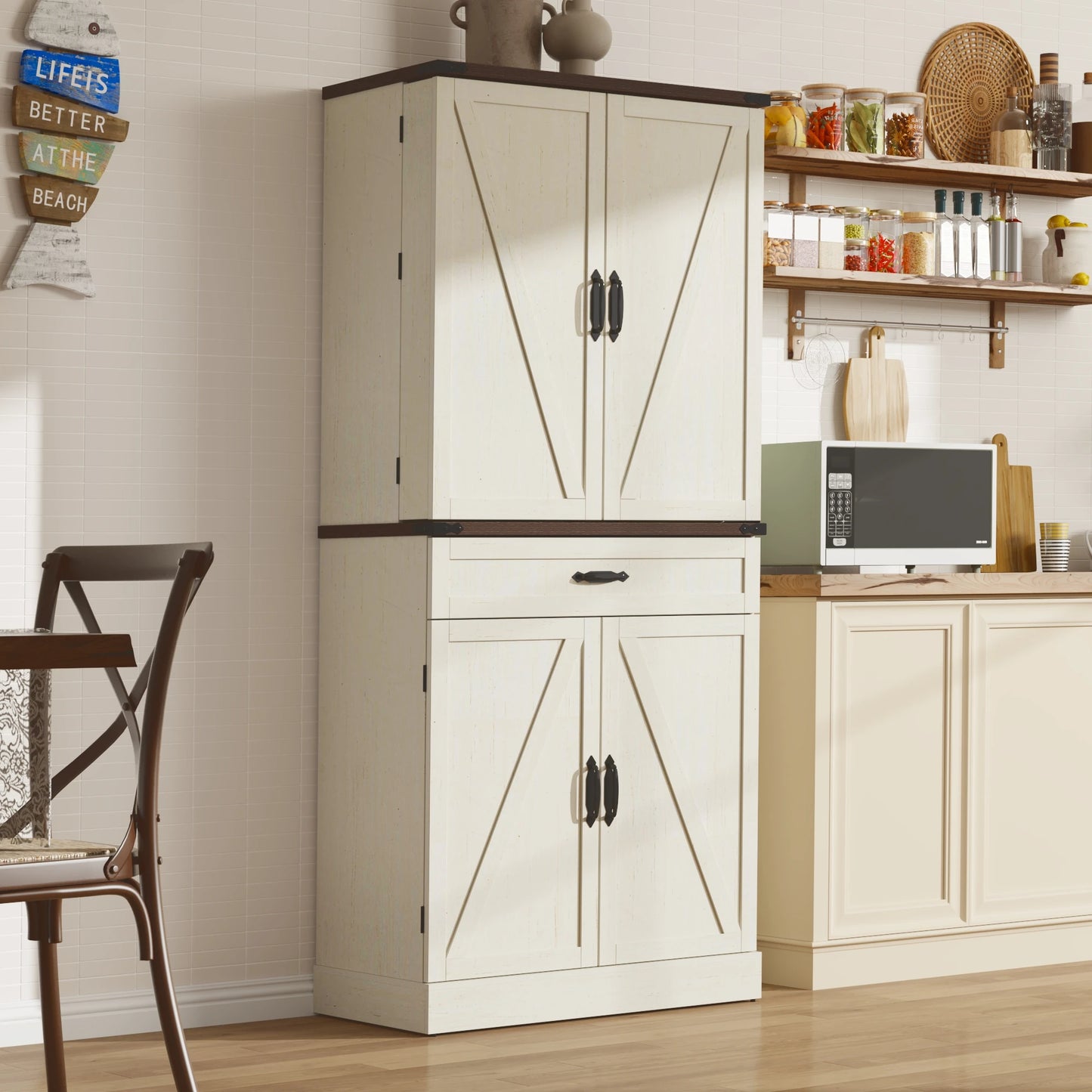 Kitchen Pantry Cabinet with 3 Drawers with 6 Barn Door